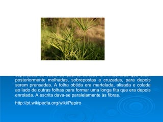 PAPIRO O papiro é obtido utilizando a parte interna, branca e esponjosa, do caule do papiro, cortado em finas tiras que eram posteriormente molhadas, sobrepostas e cruzadas, para depois serem prensadas. A folha obtida era martelada, alisada e colada ao lado de outras folhas para formar uma longa fita que era depois enrolada. A escrita dava-se paralelamente às fibras. http://pt.wikipedia.org/wiki/Papiro 