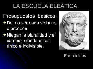 LA ESCUELA ELEÁTICA Parménides Presupuestos  básicos: Del no ser nada se hace o produce Niegan la pluralidad y el cambio, siendo el ser único e indivisible.   
