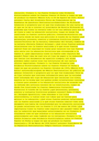 educación. Formato 1. La Fuente Primaria como Evidencia
HistóricaDatos sobre la fuente: Fuente 14 Fecha y lugar en que
se produjo la fuente: México D.F, a 20 de Agosto de 1935. Autor/
autores: Carta del Sindicato Único de Trabajadores de la
Enseñanza de Querétaro Destinatarios:Gobernador de Michoacán
Intención o propósito por el que fue elaborada: Es una carta en
el que se le da a conocer el presidente de Morelia Michoacán el
problema que tiene la escuela como lo es una amenaza para que no
se lleve a cabo la educación socialista. Lugar en donde fue
localizada la fuente: archivo público. Contenido:Histórico (Es
una carta donde se hace una petición) A través de la fuente ¿qué
personajes, procesos, eventos y contextos históricos podemos
conocer?Director de la Escuela, Gobernador del Estado, nombre de
la escuela (Escuela Federal Arteaga). ¿Qué otras fuentes podrían
relacionarse con la fuente analizada y a qué otras fuentes
remite? Pues en realidad no tiene gran relación con las fuentes
solo sería con la educación Socialista que corresponde a la
fuente 8. ¿Qué importancia tiene la fuente como registro del
pasado? Tener idea de cuál era el tipo de papel y la redacción
que tenían los documentos de aquellos tiempos, así mismo
podremos saber cuáles eran las estructuras de las carta y
oficios importantes. Formato 1. La Fuente Primaria como
Evidencia HistóricaDatos sobre la fuente: Fuente 15 Fecha y
lugar en que se produjo la fuente: Octubre de 1935, México D.F.
Autor/ autores:Episcopado de México Destinatarios: Al público en
general Intención o propósito por el que fue elaborada: Este es
un tipo volante que contiene información para que la sociedad
esté informada del tipo de Educación que recibirán los niños,
muestra en la misma que los padres piden orientaciones concretas
y claras para atender a la educación socialista de acuerdo con
la reforma del artículo tercero de la constitución. Lugar en
donde fue localizada la fuente: Hemeroteca Contenido:(
Histórico) A través de la fuente ¿qué personajes, procesos,
eventos y contextos históricos podemos conocer? Exmo. Y Rdmo.
Sr. Delegado Apostólico, como educaban a los niños
anteriormente, y cuáles eran las ideas que se tenían para
mejorar a la educación. ¿Qué otras fuentes podrían relacionarse
con la fuente analizada y a qué otras fuentes remite? Como este
documento nos habla de inconformidad por la educación socialista
la puedo relacionar con la fuente 5 (13 de enero de 1934) ¿Qué
importancia tiene la fuente como registro del pasado? Saber cuál
era la redacción que manejaban anteriormente en un formato, y
finalmente como es que atendían a la educación socialista
anteriormente así como también en lo religioso. Formato 1. La
Fuente Primaria como Evidencia HistóricaDatos sobre la fuente:
Fuente 16 Fecha y lugar en que se produjo la fuente:
Guanajuato., 30 de Marzo de 1936 Autor/ autores: Presidente de
la Republica Destinatarios: Templo Católico Intención o

 