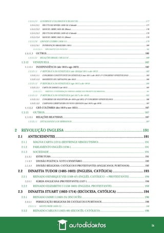 ix
1.3.11.2.3 GOVERNOS (COLORADOS X BLANCOS)........................................................................................................................177
1.3.11.2.3.1 FRUCTUOSO RIVERA (1830-34) (Colorado) ...........................................................................................................................................177
1.3.11.2.3.2 MANUEL ORIBE (1835-38) (Blanco) .......................................................................................................................................................178
1.3.11.2.3.3 FRUCTUOSO RIVERA (1839-43) (Colorado) ...........................................................................................................................................179
1.3.11.2.3.4 MANUEL ORIBE (1843-51) (Blanco) .......................................................................................................................................................179
1.3.11.2.4 GRANDE GUERRA (1836-51)............................................................................................................................................179
1.3.11.2.4.1 INTERVENÇÃO BRASILEIRA (1851)......................................................................................................................................................180
1.3.11.2.4.1.1 DIPLOMATICA DO PATACÃO ...................................................................................................................................................................................... 180
OUTROS.............................................................................................................................................................180
1.3.11.3.1 RELAÇÕES BRASIL-URUGUAI .........................................................................................................................................180
1.3.12 VENEZUELA......................................................................................................................................... 182
INDEPENDÊNCIA (abr-1810 a ago-1823).........................................................................................................182
1.3.12.1.1 1ª REPÚBLICA DA VENEZUELA (abr-1810/jul-1811 a abr-1812).....................................................................................182
1.3.12.1.1.1 CONGRESSO CONSTITUINTE DA VENEZUELA (mar-1811 a abr-1812) (1º CONGRESSO VENEZUELANO) ................................... 183
1.3.12.1.1.2 MANIFESTO DE CARTAGENA (dez-1812).............................................................................................................................................184
1.3.12.1.2 2ª REPÚBLICA DA VENEZUELA (ago-1813 a dez-1814)...................................................................................................184
1.3.12.1.2.1 CARTA DA JAMAICA (set-1815)..............................................................................................................................................................185
1.3.12.1.2.1.1 OBJETIVO: CONFEDERAÇÃO HISPANO-AMERICANA (PROJETO DE MIRANDA)................................................................................................ 185
1.3.12.1.3 3ª REPÚBLICA DA VENEZUELA (jul-1817 a fev-1819).....................................................................................................185
1.3.12.1.3.1 CONGRESSO DE ANGOSTURA (fev-1819 a jul-1821) (2º CONGRESSO VENEZUELANO) ..................................................................186
1.3.12.1.3.2 CAMPANHA LIBERTADORA DA NOVA GRANADA (mai-1819 a ago-1819)..........................................................................................187
GRÃ-COLÔMBIA (dez-1819 a nov-1831)...........................................................................................................187
1.3.13 OUTROS................................................................................................................................................ 187
RELAÇÕES BILATERAIS...................................................................................................................................187
1.3.13.1.1 DETALHANDO LOS HERMANOS....................................................................................................................................187
2 REVOLUÇÃO INGLESA ..........................................................................191
2.1 ANTECEDENTES ...............................................................................................191
2.1.1 MAGNA CARTA (1215) (RESTRINGE ABSOLUTISMO).................................................................. 191
2.1.2 PARLAMENTO INGLÊS (1236-).......................................................................................................... 191
2.1.3 SOCIEDADE ......................................................................................................................................... 191
ESTRUTURA ......................................................................................................................................................191
DIVISÃO POLÍTICA: VOTO CENSITÁRIO ....................................................................................................192
DIVISÃO RELIGIOSA: CATÓLICOS E PROTESTANTES (ANGLICANOS, PURITANOS).........................192
2.2 DINASTIA TUDOR (1485-1603) (INGLESA, CATÓLICA) .................................193
2.2.1 REINADO HENRIQUE VIII (1509-47) (INGLÊS, CATÓLICO → PROTESTANTE)...................... 194
IGREJA ANGLICANA (PROTESTANTE) (1527-) ............................................................................................194
2.2.2 REINADO ELIZABETH I (1558-1603) (INGLESA, PROTESTANTE)............................................... 194
2.3 DINASTIA STUART (1603-1714) (ESCOCESA, CATÓLICA) .............................194
2.3.1 REINADO JAIME I (1603-25) (ESCOCÊS).......................................................................................... 196
PERSEGUIÇÃO RELIGIOSA DE CATÓLICOS E PURITANOS.....................................................................196
2.3.1.1.1 MAYFLOWER (1620-21) .....................................................................................................................................................196
2.3.2 REINADO CARLOS I (1625-49) (ESCOCÊS, CATÓLICO)................................................................ 196
 