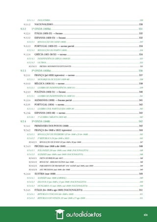 xix
9.2.1.1.1 INGLATERRA......................................................................................................................................................................330
NACIONALISMO...............................................................................................................................................330
9.2.2 1ª ONDA (1820s)................................................................................................................................... 331
ITÁLIA (1820-22) → fracasso ..............................................................................................................................332
ESPANHA (1820-23) → fracasso .........................................................................................................................332
9.2.2.2.1 REVOLUÇÃO DE CADIZ (1820).........................................................................................................................................332
PORTUGAL (1820-22) → sucesso parcial............................................................................................................334
9.2.2.3.1 REVOLUÇÃO DO PORTO (1820).......................................................................................................................................334
GRÉCIA (1821-30/32) → sucesso........................................................................................................................334
9.2.2.4.1 INDEPENDÊNCIA GREGA (1830/32).................................................................................................................................335
9.2.2.4.2 OUTROS..............................................................................................................................................................................335
9.2.2.4.2.1 PRÚSSIA: MOVIMENTOS ESTUDANTIS ................................................................................................................................................335
9.2.3 2ª ONDA (1830s)................................................................................................................................... 336
FRANÇA (jul-1830) (epicentro) → sucesso ..........................................................................................................337
9.2.3.1.1 MONARQUIA DE JULHO (1830-48)..................................................................................................................................338
BÉLGICA (1830-31) → sucesso ...........................................................................................................................338
9.2.3.2.1 GUERRA DE INDEPENDÊNCIA (1830-31)........................................................................................................................339
POLÔNIA (1830-31) → fracasso .........................................................................................................................340
9.2.3.3.1 GUERRA DE INDEPENDÊNCIA (1830-31)........................................................................................................................341
ALEMANHA (1830) → fracasso parcial ...............................................................................................................341
PORTUGAL (1834) → sucesso............................................................................................................................342
9.2.3.5.1 GUERRA CIVIL PORTUGUESA (1828-34) .........................................................................................................................342
ESPANHA (1833-40) → sucesso..........................................................................................................................342
9.2.3.6.1 1ª GUERRA CARLISTA (1833-40).......................................................................................................................................342
9.2.4 3ª ONDA (1848) .................................................................................................................................... 342
PRIMAVERA DOS POVOS (1848) ....................................................................................................................342
FRANÇA (fev-1848 a 1852) (epicentro) ...............................................................................................................344
9.2.4.2.1 REVOLUÇÃO DE FEVEREIRO (22-fev-1848 a 25-fev-1848)................................................................................................345
9.2.4.2.2 2ª REPÚBLICA (24-jun-1848 a 1852) ..................................................................................................................................345
9.2.4.2.2.1 REVOLUÇÃO DE JUNHO (22-jun-1848 a 26-jun-1848)...........................................................................................................................347
PRÚSSIA (mar-1848 a abr-1849) .........................................................................................................................348
9.2.4.3.1 POLONESES (20-mar-1848 a mai-1848) (NACIONALISTA)...............................................................................................348
9.2.4.3.2 ALEMÃES (mar-1848 a mai-1849) (NACIONALISTA).........................................................................................................348
9.2.4.3.2.1 DIETA DE BERLIM (abr-1847) .................................................................................................................................................................348
9.2.4.3.2.2 REVOLTAS – BERLIM/COLÔNIA (mar-1848) ..........................................................................................................................................348
9.2.4.3.2.3 PARLAMENTO DE FRANKFURT: ANC ALEMÃ (mai-1848 a mai-1849) .................................................................................................349
9.2.4.3.2.4 ANC PRUSSIANA (mai-1848 a dez-1848) ..................................................................................................................................................349
ÁUSTRIA (mar-1848)..........................................................................................................................................349
9.2.4.4.1 ALEMÃES (mar-1848) (LIBERAL)........................................................................................................................................349
9.2.4.4.2 ESLAVOS (2-jun-1848 a 12-jun-1848) (NACIONALISTA)...................................................................................................350
9.2.4.4.3 HÚNGAROS (15-mar-1848 a out-1849) (NACIONALISTA)................................................................................................350
ITÁLIA (fev-1848 a ago-1849) (NACIONALISTA) .............................................................................................351
9.2.4.5.1 REPÚBLICA TOSCANA (fev-1848 a 1849) ..........................................................................................................................351
9.2.4.5.2 REPÚBLICA DE VENEZA (22-mar-1848 a 27-ago-1849).....................................................................................................351
 