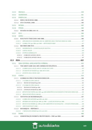 xxiv
13.2.2 FRANÇA ................................................................................................................................................ 439
13.2.3 ALEMANHA.......................................................................................................................................... 441
13.2.4 PORTUGAL........................................................................................................................................... 441
MAPA COR-DE-ROSA (1886)............................................................................................................................441
ATO COLONIAL (1930)....................................................................................................................................442
13.2.5 RÚSSIA................................................................................................................................................... 442
13.2.6 ITÁLIA ................................................................................................................................................... 446
INVASÃO DA LÍBIA (1911-12)..........................................................................................................................446
13.2.7 EUA ........................................................................................................................................................ 446
13.2.8 JAPÃO .................................................................................................................................................... 446
XOGUNATO TOKUGAWA (1603-1868)..........................................................................................................446
13.2.8.1.1 DIPLOMACIA DA CANHOEIRA (1853-54): ABERTURA (1854) E TRATADO DESIGUAL (1858)..................................447
13.2.8.1.2 GUERRA CIVIL (jan-1868 a mai-1869) → RESTAURAÇÃO MEIJI ...................................................................................447
ERA MEIJI (1868-1912) ......................................................................................................................................448
13.2.8.2.1 MODERNIZAÇÃO + OCIDENTALIZAÇÃO SELETIVA....................................................................................................448
13.2.8.2.2 CAPITAL INGLÊS..............................................................................................................................................................449
13.2.8.2.3 POTÊNCIA IMPERIALISTA ..............................................................................................................................................450
13.2.8.2.3.1 GUERRA SINO-JAPONESA (1894-95).....................................................................................................................................................451
13.2.8.2.3.2 GUERRA RUSSO-JAPONESA (1904-05)..................................................................................................................................................452
13.3 ÁSIA ....................................................................................................................452
13.3.1 ÁSIA CENTRAL (AFEGANISTÃO E PÉRSIA)..................................................................................... 452
THE GREAT GAME (1813-1907): ESFERAS DE INFLUÊNCIA......................................................................452
13.3.1.1.1 GUERRAS ANGLO-AFGÃS (1839-42 e 1878-80) (ING X AFE)..........................................................................................452
13.3.1.1.2 INCIDENTE DE PANJDEH (mar-1885) (RUS X AFE).......................................................................................................453
13.3.1.1.3 ENTENTE ANGLO-RUSSA (1907) ....................................................................................................................................453
13.3.2 CHINA................................................................................................................................................... 454
GUERRAS DO ÓPIO E TRATADOS DESIGUAIS...........................................................................................454
13.3.2.1.1 1ª GUERRA DO ÓPIO (1839-42).......................................................................................................................................454
13.3.2.1.1.1 TRATADO DE NANQUIM (ago-1842)....................................................................................................................................................455
13.3.2.1.2 2ª GUERRA DO ÓPIO (1856-60).......................................................................................................................................455
13.3.2.1.2.1 TRATADOS DE TIANJIM (jun-1858)......................................................................................................................................................455
13.3.2.1.2.2 CONVENÇÃO DE PEQUIM (out-1860) ..................................................................................................................................................456
13.3.2.1.3 REVOLTA DOS TAIPING (dez-1850 a ago-1864) (RESISTÊNCIA NACIONALISTA X TRATADOS DESIGUAIS)............456
13.3.2.1.4 ÁREAS DE INFLUÊNCIA (1848-99) ..................................................................................................................................457
TENTATIVA DE MODERNIZAÇÃO ...............................................................................................................457
13.3.2.2.1 GUERRA SINO-JAPONESA (ago-1894 a abr-1895) ............................................................................................................457
13.3.2.2.2 REFORMA DOS 100 DIAS (jun-1898 a set-1898) → GOLPE DE ESTADO (set-1898)........................................................457
13.3.2.2.3 REVOLTA DOS BOXERS (nov-1899 a set-1901) (RESISTÊNCIA NACIONALISTA) → INVASÃO ESTRANGEIRA ..........458
13.3.2.2.4 OPEN DOOR POLICY (1900-)...........................................................................................................................................458
MONARQUIA → REPÚBLICA .........................................................................................................................459
13.3.2.3.1 1ª REVOLUÇÃO CHINESA (out-1911 a fev-1912) .............................................................................................................460
13.3.3 ÍNDIA..................................................................................................................................................... 460
ADMINISTRAÇÃO INDIRETA: PROTETORADO + CBIO (até 1858) ..........................................................460
 