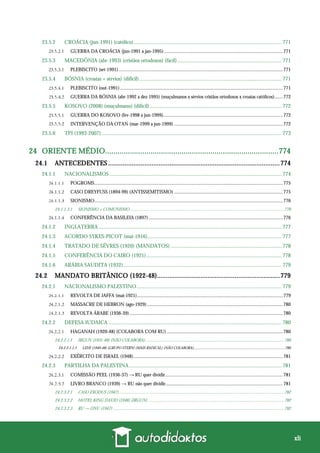 xli
23.5.2 CROÁCIA (jun-1991) (católico) ............................................................................................................. 771
GUERRA DA CROÁCIA (jun-1991 a jan-1995) .................................................................................................771
23.5.3 MACEDÔNIA (abr-1993) (cristãos ortodoxos) (fácil)............................................................................. 771
PLEBISCITO (set-1991) ......................................................................................................................................771
23.5.4 BÓSNIA (croatas + sérvios) (difícil)......................................................................................................... 771
PLEBISCITO (out-1991).....................................................................................................................................771
GUERRA DA BÓSNIA (abr-1992 a dez-1995) (muçulmanos x sérvios cristãos ortodoxos x croatas católicos).......772
23.5.5 KOSOVO (2008) (muçulmano) (difícil) ................................................................................................. 772
GUERRA DO KOSOVO (fev-1998 a jun-1999)..................................................................................................772
INTERVENÇÃO DA OTAN (mar-1999 a jun-1999) .........................................................................................772
23.5.6 TPI (1993-2007)..................................................................................................................................... 773
24 ORIENTE MÉDIO....................................................................................774
24.1 ANTECEDENTES ...............................................................................................774
24.1.1 NACIONALISMOS ............................................................................................................................... 774
POGROMS..........................................................................................................................................................775
CASO DREYFUSS (1894-99) (ANTISSEMITISMO) .........................................................................................775
SIONISMO..........................................................................................................................................................776
24.1.1.3.1 SIONISMO + COMUNISMO.............................................................................................................................................776
CONFERÊNCIA DA BASILEIA (1897)..............................................................................................................776
24.1.2 INGLATERRA ....................................................................................................................................... 777
24.1.3 ACORDO SYKES-PICOT (mai-1916)................................................................................................... 777
24.1.4 TRATADO DE SÉVRES (1920) (MANDATOS) .................................................................................. 778
24.1.5 CONFERÊNCIA DO CAIRO (1921).................................................................................................... 778
24.1.6 ARÁBIA SAUDITA (1932)..................................................................................................................... 779
24.2 MANDATO BRITÂNICO (1922-48)....................................................................779
24.2.1 NACIONALISMO PALESTINO........................................................................................................... 779
REVOLTA DE JAFFA (mai-1921).......................................................................................................................779
MASSACRE DE HEBRON (ago-1929)...............................................................................................................780
REVOLTA ÁRABE (1936-39) .............................................................................................................................780
24.2.2 DEFESA JUDAICA ................................................................................................................................ 780
HAGANAH (1920-48) (COLABORA COM RU)...............................................................................................780
24.2.2.1.1 IRGUN (1931-48) (NÃO COLABORA)...............................................................................................................................780
24.2.2.1.1.1 LEHI (1940-48) (GRUPO STERN) (MAIS RADICAL) (NÃO COLABORA)..............................................................................................780
EXÉRCITO DE ISRAEL (1948)..........................................................................................................................781
24.2.3 PARTILHA DA PALESTINA................................................................................................................. 781
COMISSÃO PEEL (1936-37) → RU quer dividir................................................................................................781
LIVRO BRANCO (1939) → RU não quer dividir................................................................................................781
24.2.3.2.1 CASO EXODUS (1947).......................................................................................................................................................782
24.2.3.2.2 HOTEL KING DAVID (1946) (IRGUN) ............................................................................................................................782
24.2.3.2.3 RU → ONU (1947) ............................................................................................................................................................782
 