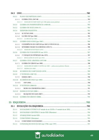 xlii
24.3 ONU....................................................................................................................782
24.3.1 PLANO DE PARTILHA (1947)............................................................................................................. 782
GUERRA CIVIL (1947-48) .................................................................................................................................783
24.3.1.1.1 MASSACRE DE DEIR YASSIN (abr-1948) (judeus atacam palestinos)...................................................................................783
24.3.2 GUERRA DA INDEPENDÊNCIA (1948-49) ....................................................................................... 783
24.3.3 GUERRA DE SUEZ (1956-57) .............................................................................................................. 784
24.3.4 DIÁSPORA PALESTINA....................................................................................................................... 785
AL FATAH (1959) ...............................................................................................................................................785
LA CRIA OLP (jun-1964)....................................................................................................................................785
24.3.4.2.1 LA CRIA ELP (set-1964)......................................................................................................................................................785
24.3.5 GUERRA DOS 6 DIAS (jun-1967) ........................................................................................................ 786
CONFERÊNCIA DE CARTUM (set-1967) (3 NÃOS DA LA)...........................................................................786
SETEMBRO NEGRO NA JORDÂNIA (1970-71)..............................................................................................786
24.3.5.2.1 MASSACRE DE MUNIQUE (1972)....................................................................................................................................787
24.3.6 GUERRA DO YOM KIPPUR (out-1973).............................................................................................. 787
1º CHOQUE DO PETRÓLEO (dez-1973).........................................................................................................787
24.3.6.1.1 RESOLUÇÕES DA AGNU (nov-1974)................................................................................................................................787
24.3.7 GUERRA CIVIL LIBANESA (1975-90)................................................................................................. 788
GUERRA DO LÍBANO (set-1982)......................................................................................................................788
24.3.7.1.1 MASSACRES DE SABRA E CHÁTILA (set-1982) → judeus atacam palestinos e libaneses .......................................................789
24.3.7.1.2 HEZBOLLAH (1982)..........................................................................................................................................................789
24.3.8 ACORDOS DE CAMP DAVID (1979) ................................................................................................. 789
24.3.9 1ª INTIFADA (1987-93) ........................................................................................................................ 789
HAMAS (1987-)...................................................................................................................................................790
24.3.10 ACORDOS DE OSLO (set-1993).......................................................................................................... 790
ANP (1994).....................................................................................................................................................790
24.3.11 2ª INTIFADA (2000-05) ........................................................................................................................ 790
MURO DA CISJORDÂNIA (2003-) ..............................................................................................................791
24.3.12 HAMAS X FATAH (2006-).................................................................................................................... 791
BLOQUEIO DE GAZA (2007-) .....................................................................................................................792
24.3.13 GUERRA DO LÍBANO (2006).............................................................................................................. 792
25 ESQUERDA ..............................................................................................793
25.1 EVOLUÇÃO DA ESQUERDA .............................................................................793
25.1.1 SOCIALISMO UTÓPICO (2ª metade do séc XVIII e 1ª metade do séc XIX) ........................................ 793
25.1.2 SOCIALISMO CIENTÍFICO (século XIX) (Marxismo)......................................................................... 794
25.1.3 ANARQUISMO (século XIX)................................................................................................................. 795
25.1.4 COMUNISMO (Marxismo) ................................................................................................................... 795
COMUNISMO X SOCIALISMO .......................................................................................................................796
25.1.5 CONJURAÇÃO DOS IGUAIS (mai-1796 a mai-1797)......................................................................... 797
 