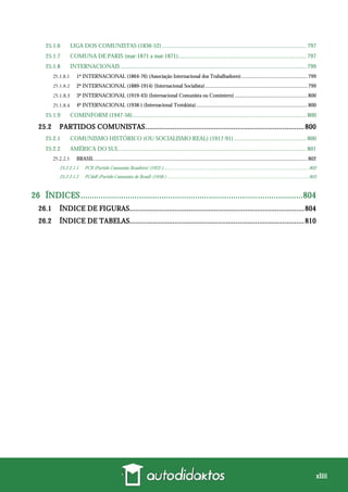 xliii
25.1.6 LIGA DOS COMUNISTAS (1836-52).................................................................................................. 797
25.1.7 COMUNA DE PARIS (mar-1871 a mai-1871)....................................................................................... 797
25.1.8 INTERNACIONAIS .............................................................................................................................. 799
1ª INTERNACIONAL (1864-76) (Associação Internacional dos Trabalhadores)..................................................799
2ª INTERNACIONAL (1889-1914) (Internacional Socialista).............................................................................799
3ª INTERNACIONAL (1919-43) (Internacional Comunista ou Comintern).......................................................800
4ª INTERNACIONAL (1938-) (Internacional Trotskista)....................................................................................800
25.1.9 COMINFORM (1947-56)...................................................................................................................... 800
25.2 PARTIDOS COMUNISTAS.................................................................................800
25.2.1 COMUNISMO HISTÓRICO (OU SOCIALISMO REAL) (1917-91) ................................................. 800
25.2.2 AMÉRICA DO SUL............................................................................................................................... 801
BRASIL ................................................................................................................................................................802
25.2.2.1.1 PCB (Partido Comunista Brasileiro) (1922-)..........................................................................................................................802
25.2.2.1.2 PCdoB (Partido Comunista do Brasil) (1958-) .......................................................................................................................803
26 ÍNDICES...................................................................................................804
26.1 ÍNDICE DE FIGURAS.........................................................................................804
26.2 ÍNDICE DE TABELAS.........................................................................................810
 