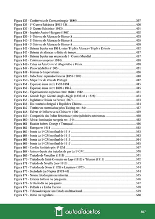 807
Figura 135 - Conferência de Constantinopla (1886) ...........................................................................397
Figura 136 - 1ª Guerra Balcânica (1912-13)........................................................................................400
Figura 137 - 2a
Guerra Balcânica (1913) .............................................................................................401
Figura 138 - Império Austro-Húngaro (1867).....................................................................................402
Figura 139 - 1o
Sistema de Alianças de Bismarck.................................................................................403
Figura 140 - 2o
Sistema de Alianças de Bismarck.................................................................................405
Figura 141 - 3o
Sistema de Alianças de Bismarck.................................................................................409
Figura 142 - Sistema bipolar em 1914, entre Tríplice Aliança e Tríplice Entente ................................412
Figura 143 - Sistema de alianças na linha do tempo.............................................................................417
Figura 144 - Sistema bipolar nas vésperas da 1a
Guerra Mundial .........................................................417
Figura 145 - Colônias europeias (1914)...............................................................................................418
Figura 146 - Crises na Ásia Central: Afeganistão e Pérsia.....................................................................420
Figura 147 - Plano Schlieffen (1905)...................................................................................................421
Figura 148 - Formas de Imperialismo..................................................................................................436
Figura 149 - Indochina: expansão francesa (1859-1907) .....................................................................440
Figura 150 - Mapa Cor de Rosa de Portugal .......................................................................................442
Figura 151 - Expansão russa entre 1533-1894.....................................................................................445
Figura 152 - Expansão russa entre 1809 e 1945...................................................................................445
Figura 153 - Expansionismo nipônico entre 1870 e 1942....................................................................451
Figura 154 - Grande Jogo: Guerras Anglo-Afegãs (1839-42 e 1878) ...................................................453
Figura 155 - Inglaterra e Rússia na Pérsia (1907).................................................................................453
Figura 156 - Do comércio desigual à República Chinesa.....................................................................454
Figura 157 - Territórios controlados pelos Taiping em 1854...............................................................457
Figura 158 - Esferas de Influência na China em 1900 .........................................................................459
Figura 159 - Companhia das Índias Britânicas e principalidades autônomas .......................................460
Figura 160 - África: dominação europeia em 1914..............................................................................462
Figura 161 - Estados boêres: Orange e Transvaal.................................................................................466
Figura 162 - Europa em 1914 .............................................................................................................562
Figura 163 - fronts da 1a
GM no final de 1914 ...................................................................................563
Figura 164 - fronts da 1a
GM no final de 1915 ...................................................................................563
Figura 165 - fronts da 1a
GM no final de 1916 ...................................................................................564
Figura 166 - fronts da 1a
GM no final de 1917 ...................................................................................565
Figura 167 - Cordão Sanitário pós-1ª GM ..........................................................................................567
Figura 168 - Antes e depois dos tratados de paz da 1a
GM...................................................................570
Figura 169 - Tratado de Versalhes (1919) ...........................................................................................571
Figura 170 - Tratados de Saint-Germain-en-Laye (1919) e Trianon (1919)........................................572
Figura 171 - Tratado de Neuilly (nov-1919).......................................................................................573
Figura 172 - Tratados de Sèvres (1920) e Lausanne (1923) .................................................................574
Figura 173 - Sociedade das Nações (1919-46).....................................................................................574
Figura 174 - Novos Estados para as minorias.......................................................................................575
Figura 175 - Estados bálticos no pós-guerra.........................................................................................576
Figura 176 - A Finlândia no pós-guerra...............................................................................................577
Figura 177 - Polônia e a Linha Curzon................................................................................................578
Figura 178 - Tchecoslováquia: um Estado multinacional.....................................................................579
Figura 179 - Reino da Iugoslávia.........................................................................................................580
 