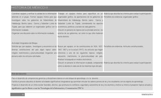 HISTORIA DE MÉXICO II
22 DGB/DCA/2013
Coordinar equipos y verificar la calidad de la información
obtenida en el grupo. Formar equipos mixtos para que
investiguen sobre los gobiernos de Maximiliano de
Habsburgo, Benito Juárez García y Sebastián Lerdo de
Tejada, para que elaboren un organizador gráfico con la
información recabada.
Organizar una discusión sobre la información recabada.
Actividad Integradora del Bloque
Solicitar que, por equipos, investiguen y encuentren en las
diversas constituciones del país algún tópico sobre:
religión, matrimonios y pluriculturalidad. Organizar una
plenaria sobre los artículos solicitados.
Trabajar en equipos mixtos para especificar en un
organizador gráfico, las aportaciones de los gobiernos de
Maximiliano de Habsburgo, Benito Juárez García y
Sebastián Lerdo de Tejada, considerando los aspectos
económicos, políticos y sociales de cada gobierno.
Discutir en plenaria los tópicos de la actividad anterior, los
aciertos de sus gobiernos, así como lo que ellos hubieran
hecho distinto.
Buscar por equipos, en las constituciones de 1824, 1837,
1847, 1857 y en la actual (1917), los artículos que hagan
referencia a uno de los siguientes tópicos: religión,
educación, matrimonio, la pluriculturalidad del país.
Realizar la búsqueda en medios electrónicos.
Discutir en plenaria la información recabada, comparando
cómo se aborda en cada una de las máximas leyes del país.
Rúbrica que describa los criterios para evaluar la participación.
Portafolio de evidencias: organizador gráfico.
Portafolio de evidencias: Artículos constitucionales.
Rúbrica que describa los criterios para evaluar la participación.
Rol del docente
Para el desarrollo de competencias genéricas y disciplinares básicas en este bloque de aprendizaje, el o la docente:
Facilita el proceso educativo al diseñar actividades significativas integradoras que permitan vincular los saberes previos de las y los estudiantes con los objetos de aprendizaje.
Propicia el desarrollo de un clima escolar favorable, afectivo, que promueva la confianza, seguridad y autoestima de las y los alumnos y motiva su interés al proponer tópicos actuales y
 