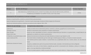 HISTORIA DE MÉXICO II
35 DGB/DCA/2013
Bloque Nombre del Bloque Tiempo asignado
V
RECONOCES LA IMPORTANCIA DE LA INSTITUCIONALIZACIÓN DE MÉXICO EN LA ÉPOCA
POSREVOLUCIONARIA Y SU IMPACTO EN LA ACTUALIDAD.
6 horas
Desempeños del estudiante al concluir el bloque
Reconoce la situación política, económica y social del México posrevolucionario.
Explica la importancia de la pacificación a través de la muerte de personajes relevantes de México después de la Revolución.
Identifica las instituciones políticas, económicas y de asistencia social creadas de 1920 a 1940.
Objetos de aprendizaje Competencias a desarrollar
Gobiernos de:
Venustiano Carranza,
Álvaro Obregón,
Plutarco Elías Calles.
El Maximato y los presidentes bajo su tutela.
Lázaro Cárdenas del Rio.
Movimientos culturales de la época.
Establece la relación entre las dimensiones políticas, económicas, culturales y geográficas de un acontecimiento.
Identifica el conocimiento social y humanista en constante transformación.
Analiza con visión emprendedora los factores y elementos fundamentales que intervienen en la productividad y competitividad de una
organización y su relación con el entorno socioeconómico.
Analiza las funciones de las instituciones del Estado Mexicano y la manera en que impactan su vida.
Sitúa hechos históricos fundamentales que han tenido lugar en distintas épocas en México y el mundo con relación al presente.
Valora distintas prácticas sociales mediante el reconocimiento de sus significados dentro de un sistema cultural, con una actitud de
respeto.
Interpreta su realidad social a partir de los procesos históricos locales, nacionales e internacionales que la han configurado.
Experimenta el arte como un hecho histórico compartido que permite la comunicación entre individuos y culturas en el tiempo y el
espacio, a la vez que desarrolla un sentido de identidad.
Reconoce los propios prejuicios, modifica sus puntos de vista al conocer nuevas evidencias, e integra nuevos conocimientos y perspectivas
 