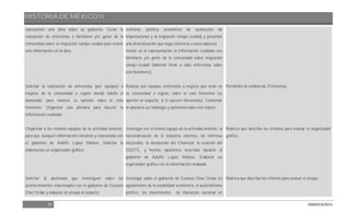 HISTORIA DE MÉXICO II
42 DGB/DCA/2013
representen una obra sobre su gobierno. Guiar la
realización de entrevistas a familiares y/o gente de la
comunidad sobre la migración campo-ciudad para incluir
esta información en la obra.
Solicitar la realización de entrevistas (por equipos) a
mujeres de la comunidad o región donde habita el
alumnado, para conocer su opinión sobre el voto
femenino. Organizar una plenaria para discutir la
información recabada.
Organizar a los mismos equipos de la actividad anterior,
para que busquen información relevante y relacionada con
el gobierno de Adolfo López Mateos. Solicitar la
elaboración un organizador gráfico.
Solicitar al alumnado que investiguen sobre los
acontecimientos relacionados con el gobierno de Gustavo
Díaz Ordaz y elaborar un ensayo al respecto.
civilismo, política económica de sustitución de
importaciones y la migración campo-ciudad) y presentar
una dramatización que haga referencia a estos aspectos.
Incluir en la representación la información recababa con
familiares y/o gente de la comunidad sobre migración
campo-ciudad (deberán llevar a cabo entrevistas sobre
este fenómeno).
Realizar por equipos, entrevistas a mujeres que vivan en
su comunidad o región, sobre el voto femenino (su
opinión al respecto, si lo ejercen libremente). Comentar
en plenaria sus hallazgos y opiniones sobre este tópico.
Investigar con el mismo equipo de la actividad anterior, la
nacionalización de la industria eléctrica, las reformas
electorales, la devolución del Chamizal, la creación del
ISSSTE, y hechos opositores ocurridos durante el
gobierno de Adolfo López Mateos. Elaborar un
organizador gráfico con la información recabada.
Investigar sobre el gobierno de Gustavo Díaz Ordaz (el
agotamiento de la estabilidad económica, el autoritarismo
político, los movimientos de liberación nacional en
Portafolio de evidencias: Entrevistas.
Rúbrica que describa los criterios para evaluar el organizador
gráfico.
Rúbrica que describa los criterios para evaluar el ensayo.
 