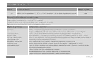 HISTORIA DE MÉXICO II
46 DGB/DCA/2013
Bloque Nombre del Bloque Tiempo asignado
VII ANALIZAS LOS PROBLEMAS DEL MÉXICO CONTEMPORÁNEO, APORTANDO POSIBLES SOLUCIONES 7 horas
Desempeños del estudiante al concluir el bloque
Comprende la crisis económica y política en México de 1970 a la actualidad.
Analiza los acontecimientos más importantes ocurridos en el país y su impacto en la vida cotidiana.
Explica los problemas recientes ocurridos en nuestro territorio y plantea probables soluciones.
Objetos de aprendizaje Competencias a desarrollar
Gobiernos de:
Luis Echeverría Álvarez
José López Portillo
Miguel de la Madrid Hurtado
Carlos Salinas de Gortari
Ernesto Zedillo Ponce de León
Vicente Fox Quesada
Felipe Calderón Hinojosa
Identifica el conocimiento social y humanista como una construcción en constante transformación.
Interpreta su realidad social a partir de los procesos históricos locales, nacionales e internacionales que la han configurado.
Establece la relación entre las dimensiones políticas, económicas, culturales y geográficas de un acontecimiento.
Sitúa hechos históricos fundamentales que han tenido lugar en distintas épocas en México y el mundo con relación al presente.
Analiza con visión emprendedora los factores y elementos fundamentales que intervienen en la productividad y competitividad de una
organización y su relación con el entorno socioeconómico.
Analiza las funciones de las instituciones del Estado Mexicano y la manera en que impactan su vida.
Valora las diferencias sociales, políticas, económicas, étnicas, culturales y de género y las desigualdades que inducen.
Conoce sus derechos y obligaciones como mexicano y miembro de distintas comunidades e instituciones, y reconoce el valor de la
participación como herramienta para ejercerlos.
Evalúa las funciones de las leyes y su transformación en el tiempo.
Actúa de manera propositiva frente a fenómenos de la sociedad y se mantiene informado.
Compara las características democráticas y autoritarias de diversos sistemas sociopolíticos.
 
