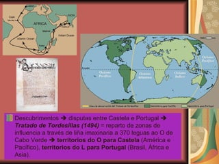 Descubrimentos    disputas entre Castela e Portugal     Tratado de Tordesillas (1494)  = reparto de zonas de influencia a través de liña imaxinaria a 370 leguas ao O de Cabo Verde     territorios do O para Castela  (América e Pacífico),  territorios do L para Portugal  (Brasil, África e Asia). 