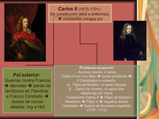Carlos II   (1675-1701):  De constitución débil e enfermiza     constantes intrigas pol Pol exterior:  Guerras contra Francia    derrotas    perda de territorios en Flandres  e Franco Condado   busca de novos aliados: Ing e Hol Problema sucesorio: - Aunque casado 2 veces,  Carlos II non tivo fillos    Grave problema     2 Candidatos a sucesión:  Filipe de Borbón, co apoio francés. Carlos de Austria, co apoio dos  habsburgo de Viena. Testamento Carlos II    Filipe de Borbón =  Heredeiro    Filipe V    negativa doutro  Candidato    Guerra de Sucesión española  (1701- 1713) 