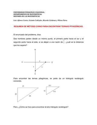 UNIVERSIDAD PEDAGÓGICA NACIONAL.
DEPARTAMENTO DE MATEMÁTICAS.
HISTORÍA DE LAS MATEMÁTICAS.

Luis Alfonso Castro, Germán Cañizales, Ricardo Cárdenas y Wilson Parra


RESUMEN DE MÉTODO CHINO PARA ENCONTRAR TERNAS PITAGÓRICAS.



El enunciado del problema, dice:

Dos hombres parten desde un mismo punto, el primero parte hacia el sur y el
segundo parte hacia el este, si se alejan a una razón de            ¿cuál es la distancia
que los separa?




Para encontrar las ternas pitagóricas, se parte de un triángulo rectángulo
conocido,




Pero, ¿Cómo se hizo para encontrar el otro triángulo rectángulo?
 