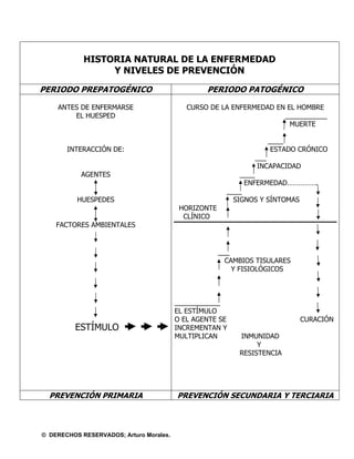 HISTORIA NATURAL DE LA ENFERMEDAD
                 Y NIVELES DE PREVENCIÓN

PERIODO PREPATOGÉNICO                            PERIODO PATOGÉNICO

    ANTES DE ENFERMARSE                     CURSO DE LA ENFERMEDAD EN EL HOMBRE
        EL HUESPED                                                   ___________
                                                                       MUERTE

                                                                   ____
       INTERACCIÓN DE:                                              ESTADO CRÓNICO
                                                               ___
                                                                INCAPACIDAD
           AGENTES                                          ____
                                                             ENFERMEDAD…………….
                                                        ____
          HUESPEDES                                       SIGNOS Y SÍNTOMAS
                                          HORIZONTE
                                           CLÍNICO
    FACTORES AMBIENTALES


                                                      ___
                                                        CAMBIOS TISULARES
                                                          Y FISIOLÓGICOS



                                         ____________
                                         EL ESTÍMULO
                                         O EL AGENTE SE                     CURACIÓN
         ESTÍMULO                        INCREMENTAN Y
                                         MULTIPLICAN       INMUNIDAD
                                                                Y
                                                           RESISTENCIA




  PREVENCIÓN PRIMARIA                    PREVENCIÓN SECUNDARIA Y TERCIARIA



© DERECHOS RESERVADOS; Arturo Morales.
 