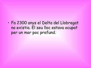 Fa 2300 anys el Delta del Llobregat no existia. El seu lloc estava ocupat per un mar poc profund. 