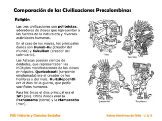 Comparación de las Civilizaciones Precolombinas
   Religión
    Las tres civilizaciones son politeístas,
    adoradores de dioses que representan a
    las fuerzas de la naturaleza y diversas
    actividades humanas.
    En el caso de los mayas, los principales
    dioses son Hunab-Ku (creador del
    mundo) y Kukulkan (creador del
    calendario).
    Los Aztecas poseían cientos de
    deidades, que representaban las
    múltiples manifestaciones de los dioses
    principales. Quetzalcoatl (serpiente
    emplumada) era el creador de los
    hombres y del maíz. Huitzilopochtli
    era el dios de la guerra, que pedía
    sacrificios humanos.
    Para los Incas el dios principal era el
    Inti (sol). Otros dioses eran la
    Pachamama (tierra) y la Mamacocha
    (mar).


PSU Historia y Ciencias Sociales               Raíces Históricas de Chile U 1/ 5
 