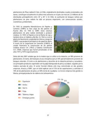 37
plantaciones de Pinus radiata D. Don, en Chile, originalmente destinadas a suelos erosionados y de
dunas, constituyen actualmente el cultivo más extensivo en el país con más de 2,3 millones de ha
distribuidas principalmente entre 34° y 40° S. En Chile, la sustitución de bosques nativos por
plantaciones de pino radiata ha sido un proceso importante, con consecuencias sociales,
económicas y ambientales
En 1920, la compañía Manufacturera de Papeles y
Cartones (CMPC) se hizo cargo de dos plantas en
Puente Alto. En 1944 la CMPC inició extensas
plantaciones de pino radiata destinado a producir
celulosa. En 1959, la Papelera creó la Planta de Laja y
también otras en Valdivia y Bio Bio. En 1963 se creó la
planta de Nacimiento, propiedad de Inforsa y luego de
CORFO, cuyo producto principal era de papel de diario.
A través de la Corporación de Fomento (CORFO) el
estado financiaría la construcción de las plantas
Celulosa Arauco S.A. (1967) y Celulosa Constitución
S.A. (1969), empresas que fueron privatizadas en los
años 1977 y 1979 respectivamente.
Datos del año 2007 señalan que de la madera que se utiliza en la industria, un 98% proviene de
plantaciones. En tanto, del total para el uso energético aún un 44% aproximadamente proviene de
bosques naturales. El resto es de plantaciones y desechos de la industria primaria y secundaria.
Los principales productos exportados son la pulpa blanqueada de pino y eucalipto, seguidos por la
madera aserrada de pino. El sector forestal chileno está muy concentrado en dos grandes
empresas, Arauco y CMPC, que en total explican casi el 72% de las exportaciones y controlan el
70% de las plantaciones de pino y el 40% de las de eucaliptus. La tercera empresa más grande es
Masisa, principal productor de tableros de Latinoamérica.
 