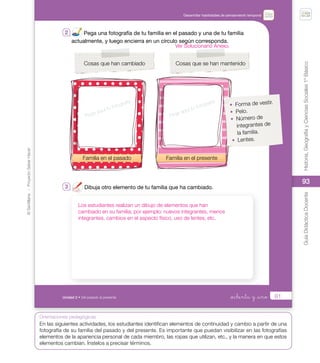 93
©
Santillana
-
Proyecto
Saber
Hacer
Historia,
Geografía
y
Ciencias
Sociales
1º
Básico
Guía
Didáctica
Docente
93
Orientaciones pedagógicas
Desarrollar habilidades de pensamiento temporal
Unidad 2 • Del pasado al presente 81
2 Pega una fotografía de tu familia en el pasado y una de tu familia
actualmente, y luego encierra en un círculo según corresponda.
Cosas que han cambiado Cosas que se han mantenido
3 Dibuja otro elemento de tu familia que ha cambiado.
Dibuja otro elemento de tu familia que ha cambiado.
_ochenta y _uno
Familia en el pasado Familia en el presente
Pega aquí tu fotografía
Pega aquí tu fotografía
• Forma de vestir.
• Pelo.
• Número de
integrantes de
la familia.
• Lentes.
U2_Soc_1B_SH.indd 81 05-07-18 13:28
Los estudiantes realizan un dibujo de elementos que han
cambiado en su familia; por ejemplo: nuevos integrantes, menos
integrantes, cambios en el aspecto físico, uso de lentes, etc.
En las siguientes actividades, los estudiantes identifican elementos de continuidad y cambio a partir de una
fotografía de su familia del pasado y del presente. Es importante que puedan visibilizar en las fotografías
elementos de la apariencia personal de cada miembro, las ropas que utilizan, etc., y la manera en que estos
elementos cambian. Ínstelos a precisar términos.
Ver Solucionario Anexo.
 