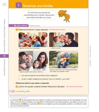©
Santillana
-
Proyecto
Saber
Hacer
Historia,
Geografía
y
Ciencias
Sociales
1º
Básico
Guía
Didáctica
Docente
70
Orientaciones pedagógicas
¿Qué sabes? Evaluación inicial
58 _cincuenta y _ocho
1 Observa la situación y luego responde.
Algunas familias son numerosas…
Algunos padres viven juntos, otros no.
…otras no tanto.
Algunos niños viven con otras personas que
los cuidan y los quieren mucho.
a. ¿En qué se parecen las familias de las imágenes?
b. ¿Cuál o cuáles imágenes se parecen más a tu familia?, ¿por qué?
Reflexiona sobre lo que sabes y responde.
2 ¿Cómo nos ayudan nuestras familias? Menciona 2 ejemplos.
En este tema reconocerás las
características de tu familia y descubrirás
que todas las familias son únicas.
Tenemos una familia
1
Tema
U2_Soc_1B_SH.indd 58 05-07-18 13:28
La actividad 1 de esta página tiene por objetivo movilizar conocimientos previos en los estudiantes. En este
caso, conocimientos vinculados con el análisis e interpretación de fuentes gráficas, que deben vincular a su
realidad personal (OA e). La actividad 2 tiene por objetivo que los estudiantes realicen una reflexión sobre
sus conocimientos previos.
Ver Solucionario Anexo.
Ver Solucionario Anexo.
 