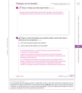 97
©
Santillana
-
Proyecto
Saber
Hacer
Historia,
Geografía
y
Ciencias
Sociales
1º
Básico
Guía
Didáctica
Docente
97
Orientaciones pedagógicas
85
1 Dibuja un trabajo que realice algún familiar. repreSenTAr
2 Pega un recorte del trabajo que te gustaría realizar cuando seas mayor y
comenta con tus compañeros. eXpLICAr
a. ¿Por qué te gustaría realizar este trabajo?
b. ¿Cómo aporta este trabajo a la comunidad?
Comprender que tu historia familiar está
formada por diferentes eventos.
Trabajo en la familia
_ochenta y _cinco
Unidad 2 • Tema 3
U2_Soc_1B_SH.indd 85 05-07-18 13:28
Se espera que los estudiantes ilustren la labor de alguno de sus familiares,
considerando acciones, vestimenta ad hoc, utilización de herramientas, etc.
Los estudiantes pegan un recorte del trabajo que les gustaría hacer y
comentan con sus compañeros:
a. Elementos que llaman la atención; por ejemplo: las herramientas que
utilizan, la importancia de dicha labor para la comunidad, la valoración social
del trabajo mencionado, etc.
b. Los estudiantes comentan la importancia para la comunidad de dicho
trabajo, considerando el aporte que realizan esos profesionales a la sociedad
en aspectos tales como: la vida económica, la seguridad, el desarrollo
científico, el cuidado de la salud, la protección ante catástrofes naturales, etc.
Las actividades de esta página apuntan a desarrollar el OA 11. Para ello, estimule la imaginación de sus
estudiantes e invítelos a desarrollar su pensamiento temporal (OA b) a partir de los recortes que encontraron
y, además, con preguntas como: ¿en qué consiste ese trabajo?, ¿cómo se realizaría ese trabajo en el futuro?,
¿requieres de alguna herramienta especial para realizarlo?
 