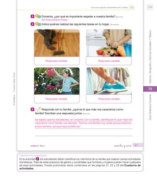 73
©
Santillana
-
Proyecto
Saber
Hacer
Historia,
Geografía
y
Ciencias
Sociales
1º
Básico
Guía
Didáctica
Docente
73
Orientaciones pedagógicas
61
Unidad 2 • Tema 1 _sesenta y _uno
Comunicar algunas características de tu familia.
3 Comenta, ¿por qué es importante respetar a nuestra familia? eXpLICAr
4 Indica quiénes realizan las siguientes tareas en tu hogar. reConoCer
5 Responde con tu familia: ¿qué es lo que más nos caracteriza como
familia? Escriban una respuesta juntos. eXpLICAr
U2_Soc_1B_SH.indd 61 05-07-18 13:28
Se espera que los estudiantes, en conjunto con su familia, identifiquen lo que mejor los
caracteriza como familia; por ejemplo: “Somos una familia muy unida porque estamos
juntos siembre, aunque haya problemas”.
En la actividad 4 , los estudiantes deben identificar los miembros de su familia que realizan ciertas actividades
domésticas. Trate de evitar prejuicios de género y coménteles que hombres y mujeres pueden hacer cualquiera
de esas actividades. Puede profundizar estos contenidos en las páginas 21, 22 y 23 del Cuaderno de
actividades.
Ver Solucionario Anexo.
Respuesta variable.
Respuesta variable.
Respuesta variable.
Respuesta variable.
 