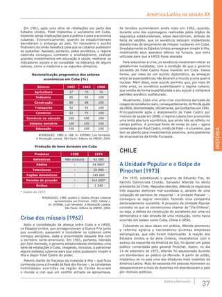 HISTÓRIA
37Editora Bernoulli
Em 1961, após uma série de retaliações por parte dos
Estados Unidos, Fidel implantou o socialismo em Cuba,
trazendo sérias implicações para a política e para a economia
cubanas. Economicamente, quando os estadunidenses
decretaram o embargo ao país, foi necessário o auxílio
financeiro da União Soviética para que os cubanos pudessem
se sustentar. Apoiado, portanto, pelos soviéticos, o regime
castrista conseguiu combater o analfabetismo, realizar
grandes investimentos em educação e saúde, melhorar os
indicadores sociais e se consolidar na liderança de alguns
setores, como a medicina e os esportes olímpicos.
Nacionalização progressiva dos setores
econômicos em Cuba (%)
Setores 1961 1963 1968
Agricultura 37 70 70
Indústria 85 95 100
Construção 80 98 100
Transporte 92 95 100
Comércio 52 75 100
Comércio no atacado 100 100 100
Sistema bancário 100 100 100
Educação 100 100 100
RODRIGUEZ. 1980, p. 168. In: AYERBE, Luís Fernando.
A Revolução cubana. São Paulo: Editora da UNESP, 2004.
Produção de bens duráveis em Cuba
Produtos 1958 1974
Geladeiras Não produzia 42 000
Rádios " 24 000*
Televisores " 20 000
Fogões domésticos " 145 000
Panelas de pressão " 414 000*
Ônibus " 1 249
* Dados de 1973
RODRIGUEZ. 1980, quadro 6. Dados oficiais cubanos
apresentados por Erisman. 2002, tabela 1.
In: AYERBE, Luís Fernando. A Revolução cubana.
São Paulo: Editora da UNESP, 2004.
Crise dos mísseis (1962)
Após a consolidação da aliança entre Cuba e a URSS,
os Estados Unidos, que protagonizavam a Guerra Fria junto
aos soviéticos, passaram a considerar os cubanos como
inimigos perigosos, dada a proximidade daquela ilha com
o território norte-americano. Em 1961, portanto, liderado
por John Kennedy, o governo estadunidense comandou uma
série de retaliações à Cuba, chegando, inclusive, a patrocinar
alguns exilados cubanos para que estes pudessem invadir a
ilha e depor Fidel Castro do poder.
Mesmo diante do fracasso da investida à ilha – que ficou
conhecida como a Invasão da Baía dos Porcos –, as constantes
hostilidades ocorridas na região do Caribe levavam
o mundo a crer que um conflito armado se aproximava.
As tensões aumentaram ainda mais em 1962, quando,
durante uma das espionagens realizadas pelos órgãos de
segurança estadunidenses, estes descobriram, através de
fotos de satélite, que os soviéticos estavam implantando
plataformas de lançamento de mísseis nucleares em Cuba.
Imediatamente os Estados Unidos ameaçaram invadir a ilha,
mobilizando seus aparatos bélicos na Turquia, que seria
utilizada para que a URSS fosse atacada.
Para solucionar a crise, os soviéticos resolveram retirar as
plataformas instaladas, com a condição de que o governo
socialista de Fidel Castro fosse mantido em Cuba. Dessa
forma, por meio de um acordo diplomático, as ameaças
entre as superpotências não levaram o mundo a uma guerra
nuclear. Além disso, esse acordo permitiu que, por mais de
vinte anos, os soviéticos sustentassem o regime cubano,
que vendia de forma superfaturada o seu açúcar e comprava
petróleo soviético subfaturado.
Atualmente, Cuba vive uma crise econômica derivada do
colapsodosocialismoreale,consequentemente,dofimdaajuda
da URSS, desmantelada, oficialmente, por Gorbachev em 1991.
Principalmente após o afastamento de Fidel Castro por
motivos de saúde em 2008, o regime cubano tem promovido
uma lenta abertura econômica, que ainda não se refletiu no
campo político. A principal fonte de renda do país – agora
comandado por Raul Castro, irmão de Fidel – é o turismo, que
tem se aberto para investimentos externos, principalmente
de empresários da União Europeia.
CHILE
A Unidade Popular e o Golpe de
Pinochet (1973)
Em 1970, substituindo o governo de Eduardo Frei, do
Partido Democrata Cristão, Salvador Allende foi eleito
presidente do Chile. Naquelas eleições, Allende já registrava
três disputas eleitorais mal-sucedidas e, através de uma
coligação de partidos de esquerda – a Unidade Popular –,
conseguiu se sagrar vencedor, fazendo uma campanha
declaradamente socialista. A proposta da Unidade Popular
consistiu no que se convencionou chamar de “Via Chilena”,
ou seja, a defesa da construção do socialismo por uma via
democrática e não através de uma revolução, como havia
ocorrido em países como Cuba, China e URSS.
Colocando os seus ideais em prática, Allende promoveu
a reforma agrária e nacionalizou diversas empresas
estrangeiras, que não foram indenizadas. A reação dos
Estados Unidos e da elite chilena, insatisfeitos com o
avanço da esquerda na América do Sul, foi apoiar um golpe
político comandado pelo general Pinochet. Assim, no dia
11 de setembro de 1973, Allende foi assassinado durante
um bombardeio ao palácio La Moneda. A partir de então,
implantou-se no país uma das ditaduras mais violentas da
América Latina. Mais de sessenta mil pessoas morreram ou
desapareceram e mais de duzentas mil abandonaram o país
por motivos políticos.
América Latina no século XX
 