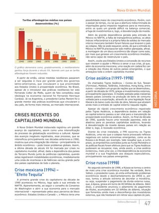 HISTÓRIA
47Editora Bernoulli
Tarifas alfandegárias médias nos países
desenvolvidos (%)
1940 1950 1960 1970 1980 1990 2000
40,0
25,0
16,5
11,2
7,5
5,0
3,0
O gráfico demonstra como, gradativamente, o neoliberalismo
ganhou força durante o século XX, fazendo com que as tarifas
alfandegárias fossem reduzidas.
A partir de então, várias medidas neoliberais passaram
a ser seguidas à risca por grande parte dos governos
latino-americanos, que vinculavam a sua proximidade
aos Estados Unidos à prosperidade econômica. No Brasil,
apesar de  o introdutor das práticas neoliberais ter sido
Fernando Collor de Mello, quem de fato consolidou essa
ideologia na economia nacional foi Fernando Henrique
Cardoso. Já na Argentina, o presidente Carlos Menem foi o
grande mentor das práticas econômicas que vincularam o
seu país, de forma mais intensa, ao mercado internacional.
CRISES RECENTES DO
CAPITALISMO MUNDIAL
A Nova Ordem Mundial instaurada registrou um grande
avanço do capitalismo, assim como uma intensificação
do processo de globalização econômica e cultural. Apesar
dos avanços inegáveis registrados, esse processo, que se
intensificou principalmente nas décadas anteriores a 1990,
mostrou que uma integração tão intensa – principalmente no
âmbito econômico – pode trazer problemas globais. Assim,
a última década do século XX foi marcada por crises no
capitalismo mundial, afinal, dada a dependência dos países
do Terceiro Mundo junto às potências capitalistas, quando
estas registraram instabilidades econômicas, imediatamente
uma onda de incertezas e de falências varreu grande parte
dos países capitalistas de todo o planeta.
Crise mexicana (1994) –	
“Efeito Tequila”
A primeira grande crise do capitalismo da década de
1990 aconteceu no México, logo após a sua entrada no
NAFTA. Aparentemente, ao seguir o conselho do Consenso
de Washington e abrir a sua economia para o mercado
internacional – representado pelos seus parceiros de bloco
econômico: Estados Unidos e Canadá –, o México teria uma
possibilidade maior de crescimento econômico. Porém, com
o passar do tempo, viu-se que a abertura indiscriminada às
importações gerou impactos negativos para os mexicanos,
entre os quais um grande déficit na balança comercial,
a fuga de investimentos e, logo, a desvalorização da moeda.
Além da grande dependência gerada pela entrada do
México no NAFTA, a falta de transparência política, os altos
índices inflacionários e a própria falta de solidez do mercado
interno mexicano também foram fatores que levaram o país
ao colapso. Não se pode esquecer, ainda, de que a entrada do
México no NAFTA precisava ter sido melhor planejada, afinal,
a montagem de um bloco econômico tão díspar como este,
por mais que gerasse um crescimento econômico imediato,
não seria capaz de reestruturar o país.
Assim, coube aos Estados Unidos a concessão de recursos
que viessem a ajudar o México a sanar a sua crise, já que,
além da economia mexicana, uma reação em cadeia fez cair
a cotação dos títulos de outros países emergentes, o que
ameaçava toda a ordem capitalista mundial.
Crise asiática (1997-1998)
Os chamados Tigres Asiáticos – Coreia do Sul, Taiwan
(Formosa), Malásia, Tailândia, Indonésia, Hong Kong, entre
outros – compõem um grupo de nações que se desenvolveu,
a partir da década de 1970, graças a investimentos externos,
principalmente japoneses. O modelo adotado pelas indústrias
desses países consistia na produção de bens de consumo
voltada para a exportação, através de uma legislação fiscal
liberal e do baixo custo da mão de obra, fatores que atraíam
ainda mais a entrada de capital externo naquela região.
Apesar do rápido crescimento econômico registrado
pelos Tigres Asiáticos, a dependência destes em relação
ao capital externo passou a ser vital para a manutenção da
prosperidade econômica asiática. Assim, no final da década
de 1990, quando houve uma recessão japonesa, esta se
alastrou para os paraísos capitalistas asiáticos, levando
à desvalorização da moeda desses países em relação ao
dólar e, logo, à recessão econômica.
Diante da crise instalada, o FMI socorreu os Tigres
Asiáticos, uma vez que o colapso havia provocado reflexos
negativos em outras economias emergentes, como as da
Rússia e do Brasil, por exemplo. Vale ressaltar que, a curto
prazo, os empréstimos contraídos junto ao Fundo Monetário e
as políticas fiscais foram efetivos para que os Tigres Asiáticos
pudessem se recuperar, mas, ainda assim, a crise asiática
evidenciou, mais uma vez, a interdependência da economia
mundial e a sua fragilidade aos ataques especulativos,
principalmente nos países emergentes.
Crise russa (1998)
No segundo semestre de 1998, a Rússia se tornou o centro
de mais uma crise econômica mundial. Na verdade, Boris
Yeltsin, o presidente russo, já vinha enfrentando problemas
econômicos desde o desmantelamento da URSS e, por
isso, tomou a atitude extrema de decretar a moratória,
ou seja, suspender o pagamento da dívida externa russa,
que, à época, girava em torno de 40 bilhões de dólares. Além
disso, o presidente anunciou o adiamento do pagamento
de títulos, acumulados em 32 bilhões de dólares, situação
que fomentou ainda mais a desconfiança dos investidores
externos, que não hesitaram em retirar seus capitais do país.
Nova Ordem Mundial
 