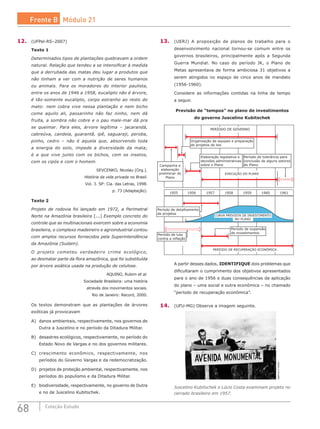 68 Coleção Estudo
12.	 (UFPel-RS–2007) 	
Texto 1
Determinados tipos de plantações quebravam a ordem
natural. Relação que tendeu a se intensificar à medida
que a derrubada das matas deu lugar a produtos que
não tinham a ver com a nutrição de seres humanos
ou animais. Para os moradores do interior paulista,
entre os anos de 1946 a 1958, eucalipto não é árvore,
é tão-somente eucalipto, corpo estranho ao resto do
mato: nem cobra vive nessa plantação e nem bicho
come aquilo ali, passarinho não faz ninho, nem dá
fruita, a sombra não cobre e o pau male-mar dá pra
se queimar. Para eles, árvore legítima – jacarandá,
cabreúva, candeia, guarantã, ipê, saguaraji, peroba,
pinho, cedro – não é aquela que, absorvendo toda
a energia do solo, impede a diversidade da mata;
é a que vive junto com os bichos, com os insetos,
com os cipós e com o homem.
SEVCENKO, Nicolau (Org.).
História da vida privada no Brasil.
Vol. 3. SP: Cia. das Letras, 1998.
p. 73 (Adaptação).
Texto 2
Projeto de rodovia foi lançado em 1972, a Perimetral
Norte na Amazônia brasileira [...] Exemplo concreto do
controle que as multinacionais exercem sobre a economia
brasileira, o complexo madeireiro e agroindustrial contou
com amplos recursos fornecidos pela Superintendência
da Amazônia (Sudam).
O projeto cometeu verdadeiro crime ecológico,
ao desmatar parte da flora amazônica, que foi substituída
por árvore asiática usada na produção de celulose.
AQUINO, Rubim et al.
Sociedade Brasileira: uma história
através dos movimentos sociais.
Rio de Janeiro: Record, 2000.
Os textos demonstram que as plantações de árvores
exóticas já provocavam
A)	 danos ambientais, respectivamente, nos governos de
Dutra a Juscelino e no período da Ditadura Militar.
B)	 desastres ecológicos, respectivamente, no período do
Estado Novo de Vargas e no dos governos militares.
C)	 crescimento econômico, respectivamente, nos
períodos do Governo Vargas e da redemocratização.
D)	 projetos de proteção ambiental, respectivamente, nos
períodos do populismo e da Ditadura Militar.
E)	 biodiversidade, respectivamente, no governo de Dutra
e no de Juscelino Kubitschek.
13.	 (UERJ) A proposição de planos de trabalho para o
desenvolvimento nacional tornou-se comum entre os
governos brasileiros, principalmente após a Segunda
Guerra Mundial. No caso do período JK, o Plano de
Metas apresentava de forma ambiciosa 31 objetivos a
serem atingidos no espaço de cinco anos de mandato
(1956-1960).
Considere as informações contidas na linha de tempo
a seguir.
Previsão de “tempos” no plano de investimentos
do governo Juscelino Kubitschek
Campanha e
elaboração
preliminar do
Plano
1955 1956 1957 1958 1959 1960 1961
Organização de equipes e preparação
de projetos de leis
Elaboração legislativa e
decisões administrativas
sobre o Plano
EXECUÇÃO DO PLANO
Período de tolerância para
conclusão de alguns setores
do Plano
PERÍODO DE GOVERNO
Período de detalhamento
de projetos
PERÍODO DE RECUPERAÇÃO ECONÔMICA
CURVA PREVISTA DE INVESTIMENTO
NO PLANO
Período de expansão
de investimentos
Período de luta
contra a inflação
A partir desses dados, IDENTIFIQUE dois problemas que
dificultaram o cumprimento dos objetivos apresentados
para o ano de 1956 e duas consequências da aplicação
do plano – uma social e outra econômica – no chamado
“período de recuperação econômica”.
14.	 (UFU-MG) Observe a imagem seguinte.
AgênciaOGlobo
Juscelino Kubitschek e Lúcio Costa examinam projeto no
cerrado brasileiro em 1957.
Frente B Módulo 21
 