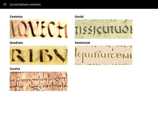 70   Les escriptures romanes


     Canònica                  Uncial




     Quadrata                  Semiuncial




     Cursiva
 