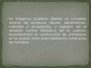 los indígenas pudieron diseñar un complejo sistema de acequias, diques, albarradones, calzadas y acueductos, y lograron así el absoluto control hidráulico de la cuenca. Incrementaron la construcción de chinampas en la ciudad, tanto para habitación como para las hortalizas