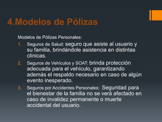 4.Modelos de Pólizas
Modelos de Pólizas Personales:
1.

Seguros de Salud: seguro que asiste al usuario y

su familia, brindándole asistencia en distintas
clínicas.
2. Seguros de Vehículos y SOAT: brinda protección
adecuada para el vehículo, garantizando
además el respaldo necesario en caso de algún
evento inesperado.
3. Seguros por Accidentes Personales: Seguridad para
el bienestar de la familia no se verá afectado en
caso de invalidez permanente o muerte
accidental del usuario.

 