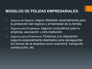 MODELOS DE PÓLIZAS EMPRESARIALES:
1.

Seguros de Negocio: seguro diseñado especialmente para

la protección del negocio y el bienestar de tu familia.
2. Seguros para Empleados: seguros corporativos para tu
empresa, asociación u otra institución.
3. Seguros para el Patrimonio: Ponemos a tu disposición
seguros especialmente diseñados para salvaguardar
los bienes de la empresa como automóvil, transporte,
construcción, etc.

 