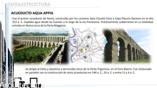 Arquitectura
INFRAESTRUCTURA
ACUEDUCTO AQUA APPIA
Fue el primer acueducto de Roma, construido por los censores Apio Claudio Ceco y Cayo Plaucio Deciano en el año
312 a. C. Captaba agua desde las fuentes a lo largo de la vía Prenestina. Prácticamente subterráneo en su totalidad,
entraba en Roma cerca de la Porta Maggiore.
Se dirigía al Celio y Aventino y terminaba cerca de la Porta Trigemina, en el Foro Boario. Fue restaurado
en paralelo con la construcción de otros acueductos en 144 a. C., 33 a. C. y entre 11 y 4 a. C.
 