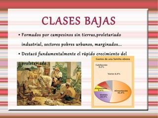 CLASES BAJAS
● Formados por campesinos sin tierras,proletariado
industrial, sectores pobres urbanos, marginados...
● Destacó fundamentalmente el rápido crecimiento del
proletariado.