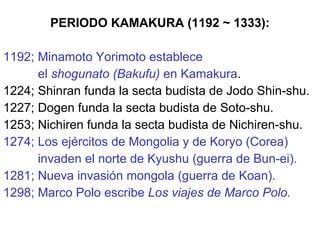 PERIODO KAMAKURA (1192 ~ 1333): 1192; Minamoto Yorimoto establece  el  shogunato   (Bakufu)  en Kamakura . 1224; Shinran funda la secta budista de Jodo Shin-shu. 1227; Dogen funda la secta budista de Soto-shu. 1253; Nichiren funda la secta budista de Nichiren-shu. 1274; Los ejércitos de Mongolia y de Koryo (Corea) invaden el norte de Kyushu (guerra de Bun-ei). 1281; Nueva invasión mongola (guerra de Koan). 1298; Marco Polo escribe  Los viajes de Marco Polo.   