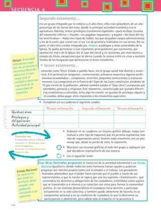 110
secuencia 4
Segundo estamento…
era un grupo integrado por la nobleza y el alto clero; ellos eran poseedores de un alto
porcentaje de las tierras del reino, donde la principal actividad económica era la
agricultura. Además, tenían privilegios económicos especiales —pues recibían recursos
del estamento inferior—; fiscales —no pagaban impuestos— y legales —las leyes del rey
los beneficiaban—. Había tres tipos de nobles: los que ocupaban cargos administrativos
y los de la corte, que vivían con el rey. Los de provincia habitaban en sus tierras. Por su
parte, el alto clero estaba integrado por obispos, arzobispos y otras autoridades de la
Iglesia. Se podía pertenecer a este estamento principalmente por nacimiento, por
aprobación real o de la Iglesia (en el caso del clero) y, en ocasiones, por matrimonio o
compra de título, excepciones que se dieron cuando la corona entró en crisis y necesitó
fondos de los burgueses que pertenecían al tercer estamento.
Y tercer estamento...
conocido como Tercer Estado o pueblo llano, era el grupo social más diverso y nume-
roso. A él pertenecían burgueses —comerciantes, artesanos mayores y algunos profe-
sionistas acaudalados—, campesinos, sirvientes, pequeños comerciantes y artesanos
menores. Los campesinos en la Francia del Siglo de las Luces constituían alrededor de
75 por ciento de la población; además también estaba el “bajo clero”, compuesto por
sacerdotes, párrocos y religiosas. Este estamento, caracterizado por grandes diferen-
cias económicas y culturales, tenía algo en común: no gozaba de privilegio alguno y,
en cambio, debía pagar altos impuestos a los estamentos superiores.
•	 Completen en su cuaderno el siguiente cuadro:
	 Primer estamento	 Segundo estamento	 Tercer estamento
Quiénes eran
Privilegios y
obligaciones
Actividad principal
•	 Elaboren en su cuaderno un recurso gráfico (dibujo, mapa con-
ceptual u otro tipo de esquema) que les permita representar este
tipo de organización social. Ilustren cada estamento con un per-
sonaje que, desde su punto de vista, lo represente.  
•	 Muestren sus recursos gráficos al resto del grupo y expliquen por
qué decidieron representarlo de esa manera.
•	 Lee el siguiente texto:
Obispo: Autoridad
eclesiástica supe-
rior de un distrito o
territorio (llamado
diócesis), a cuyo
cargo está el
cuidado y dirección
espiritual de la
comunidad de
creyentes.
Conexión con
Formación civica y Ética I
Secuencia 11: Democracia como
forma de gobierno.
Secuencia 12: Democracia como
forma de vida.
Las ideas ilustradas proponían la transición de la sociedad estamental a un Estado
Nacional igualitario, donde todos los seres humanos fueran iguales y pudieran
progresar por méritos propios como con el estudio o el trabajo. Los pensadores
ilustrados planteaban que el poder fuera ejercido por el pueblo a través de sus
representantes, y que la nación se rigiera por una ley suprema —Constitución— que
contendría los derechos y obligaciones de los ciudadanos, entendidos como sujetos
que se trascienden a sí mismos y se conectan con otros para formar la comunidad
política. En los sistemas democráticos el ciudadano tiene derecho a participar
activamente en la vida colectiva, y también puede abstenerse de hacerlo; es su
compromiso personal y no su condición de ciudadano lo que lo determina su
participación o abstención, pero sabrás más al respecto en la secuencia 5.
Estado Nacional:
Se caracteriza
por tener un
territorio deter-
minado, una
población
constante y un
gobierno.
HIST1 B2 S4.indd 110 6/2/07 9:36:57 PM
 