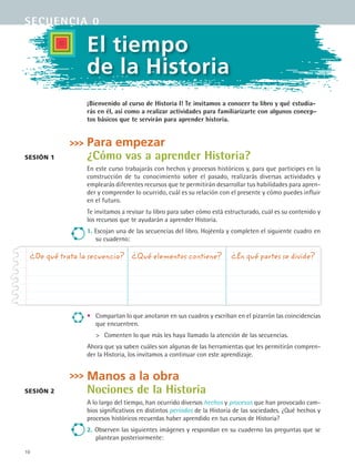 secuencia 0
10
El tiempo
de la Historia
¡Bienvenido al curso de Historia I! Te invitamos a conocer tu libro y qué estudia-
rás en él, así como a realizar actividades para familiarizarte con algunos concep-
tos básicos que te servirán para aprender historia.
Para empezar
¿Cómo vas a aprender Historia?
En este curso trabajarás con hechos y procesos históricos y, para que participes en la
construcción de tu conocimiento sobre el pasado, realizarás diversas actividades y
emplearás diferentes recursos que te permitirán desarrollar tus habilidades para apren-
der y comprender lo ocurrido, cuál es su relación con el presente y cómo puedes influir
en el futuro.
Te invitamos a revisar tu libro para saber cómo está estructurado, cuál es su contenido y
los recursos que te ayudarán a aprender Historia.
1. Escojan una de las secuencias del libro. Hojéenla y completen el siguiente cuadro en
su cuaderno:
Sesión 1
¿De qué trata la secuencia?	 ¿Qué elementos contiene?	 ¿En qué partes se divide?
•	 Compartan lo que anotaron en sus cuadros y escriban en el pizarrón las coincidencias
que encuentren.
	 Comenten lo que más les haya llamado la atención de las secuencias.
Ahora que ya saben cuáles son algunas de las herramientas que les permitirán compren-
der la Historia, los invitamos a continuar con este aprendizaje.
Manos a la obra
Nociones de la Historia
A lo largo del tiempo, han ocurrido diversos hechos y procesos que han provocado cam-
bios significativos en distintos periodos de la Historia de las sociedades. ¿Qué hechos y
procesos históricos recuerdas haber aprendido en tus cursos de Historia?
2. Observen las siguientes imágenes y respondan en su cuaderno las preguntas que se
plantean posteriormente:
Sesión 2
HIST1 B1 S0.indd 10 6/2/07 9:26:23 PM
 