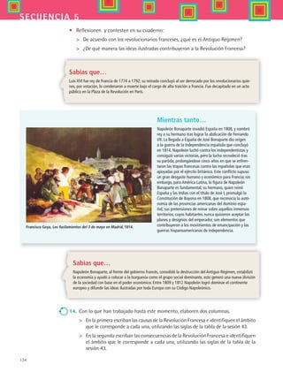 134
secuencia 5
•	 Reflexionen  y contesten en su cuaderno:
	 De acuerdo con los revolucionarios franceses, ¿qué es el Antiguo Régimen?
	 ¿De qué manera las ideas ilustradas contribuyeron a la Revolución Francesa?
Sabías que…
Napoleón Bonaparte, al frente del gobierno francés, consolidó la destrucción del Antiguo Régimen, estabilizó
la economía y ayudó a colocar a la burguesía como el grupo social dominante, esto generó una nueva división
de la sociedad con base en el poder económico. Entre 1809 y 1812 Napoleón logró dominar el continente
europeo y difundir las ideas ilustradas por toda Europa con su Código Napoleónico.
14.	 Con lo que han trabajado hasta este momento, elaboren dos columnas.
	 En la primera escriban las causas de la Revolución Francesa e identifiquen el ámbito
que le corresponde a cada una, utilizando las siglas de la tabla de la sesión 43.
	 En la segunda escriban las consecuencias de la Revolución Francesa e identifiquen
el ámbito que le corresponde a cada una, utilizando las siglas de la tabla de la
sesión 43.
Sabías que…
Luis XVI fue rey de Francia de 1774 a 1792; su reinado concluyó al ser derrocado por los revolucionarios quie-
nes, por votación, lo condenaron a muerte bajo el cargo de alta traición a Francia. Fue decapitado en un acto
público en la Plaza de la Revolución en París.
Mientras tanto…
Napoleón Bonaparte invadió España en 1808, y nombró
rey a su hermano tras lograr la abdicación de Fernando
VII. La llegada a España de José Bonaparte dio origen
a la guerra de la Independencia española que concluyó
en 1814. Napoleón luchó contra los independentistas y
consiguió varias victorias, pero la lucha recrudeció tras
su partida, prolongándose cinco años en que se enfren-
taron las tropas francesas contra las españolas que eran
apoyadas por el ejército británico. Este conflicto supuso
un gran desgaste humano y económico para Francia; sin
embargo, para América Latina, la figura de Napoleón
Bonaparte es fundamental; su hermano, quien reinó
España y las Indias con el título de José I, promulgó la
Constitución de Bayona en 1808, que reconocía la auto-
nomía de las provincias americanas del dominio espa-
ñol; sus pretensiones de reinar sobre aquellos inmensos
territorios, cuyos habitantes nunca quisieron aceptar los
planes y designios del emperador, son elementos que
contribuyeron a los movimientos de emancipación y las
guerras hispanoamericanas de independencia.
Francisco Goya, Los fusilamientos del 3 de mayo en Madrid, 1814.
HIST1 B2 S5.indd 134 6/2/07 9:38:23 PM
 