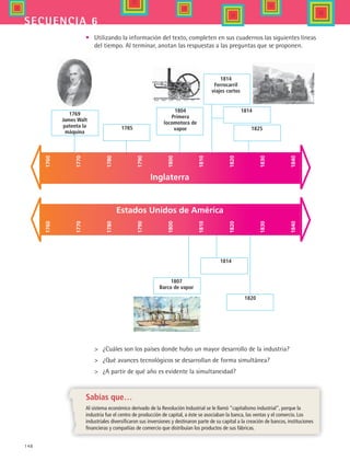 148
secuencia 6
1760
1770
1780
1790
1800
1810
1820
1830
1840
1760
1770
1780
1790
1800
1810
1820
1830
1840
Inglaterra
Estados Unidos de América
	 ¿Cuáles son los países donde hubo un mayor desarrollo de la industria?
	 ¿Qué avances tecnológicos se desarrollan de forma simultánea?
	 ¿A partir de qué año es evidente la simultaneidad?
Sabías que…
Al sistema económico derivado de la Revolución Industrial se le llamó “capitalismo industrial”, porque la
industria fue el centro de producción de capital, a éste se asociaban la banca, las ventas y el comercio. Los
industriales diversificaron sus inversiones y destinaron parte de su capital a la creación de bancos, instituciones
financieras y compañías de comercio que distribuían los productos de sus fábricas.
1769
James Walt
patenta la
máquina
1804
Primera
locomotora de
vapor
1814
Ferrocarril
viajes cortos
1814
1825
1807
Barco de vapor
1814
1820
1785
•	 Utilizando la información del texto, completen en sus cuadernos las siguientes líneas
del tiempo. Al terminar, anotan las respuestas a las preguntas que se proponen.
HIST1 B2 S6.indd 148 6/2/07 9:40:07 PM
 