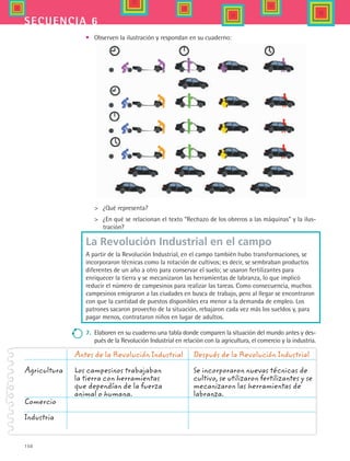 150
secuencia 6
•	 Observen la ilustración y respondan en su cuaderno:
	 ¿Qué representa?
	 ¿En qué se relacionan el texto “Rechazo de los obreros a las máquinas” y la ilus-
tración?
La Revolución Industrial en el campo
A partir de la Revolución Industrial, en el campo también hubo transformaciones, se
incorporaron técnicas como la rotación de cultivos; es decir, se sembraban productos
diferentes de un año a otro para conservar el suelo; se usaron fertilizantes para
enriquecer la tierra y se mecanizaron las herramientas de labranza, lo que implicó
reducir el número de campesinos para realizar las tareas. Como consecuencia, muchos
campesinos emigraron a las ciudades en busca de trabajo, pero al llegar se encontraron
con que la cantidad de puestos disponibles era menor a la demanda de empleo. Los
patrones sacaron provecho de la situación, rebajaron cada vez más los sueldos y, para
pagar menos, contrataron niños en lugar de adultos.
7.	 Elaboren en su cuaderno una tabla donde comparen la situación del mundo antes y des-
pués de la Revolución Industrial en relación con la agricultura, el comercio y la industria.
	 Antes de la Revolución Industrial	 Después de la Revolución Industrial
Agricultura	 Los campesinos trabajaban 	 Se incorporaron nuevas técnicas de
	 la tierra con herramientas 	 cultivo, se utilizaron fertilizantes y se
	 que dependían de la fuerza 	 mecanizaron las herramientas de
	 animal o humana.	 labranza.
Comercio
		
Industria
HIST1 B2 S6.indd 150 6/2/07 9:40:18 PM
 