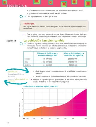 156
secuencia 6
	 ¿Qué elementos de la ciudad son los que más llaman la atención del autor?
	 ¿Encuentran similitud entre ambos textos?, ¿cuáles?
13.	 Cada equipo exponga el tema que le tocó.
Sesión 54
	 ¿Qué tiene en común el comportamiento de la población en los tres con-
tinentes?
	 ¿Cómo calificarías el ritmo de crecimiento: lento, acelerado o estable?
•	 Observa la siguiente gráfica que muestra el desarrollo de la población
inglesa de 1541 a 1871 y responde las preguntas.
30
20
10
8
6
3
1551 1651 1650 1750 1850 19501601Año
Cifrasenmillonesdehabitantes
5
4
2
1701
Evolución de la población inglesa, 1541-1871
Sabías que…
En el auge de la Revolución Industrial, a inicios del siglo XIX, más de la mitad de la población del país vivía
en las ciudades.
•	 Para terminar, comenten las exposiciones y digan si la caracterización dada por
cada equipo fue suficiente para saber más sobre las primeras ciudades industriales.
La población también cambia
14.	 Observa la siguiente tabla que muestra el total de población en dos momentos di-
ferentes del periodo histórico que estudias en el bloque, en tres de los cinco conti-
nentes. Después contesta en tu cuaderno las preguntas.
Conexión con
Geografía de México y
del mundo
Secuencia 7: ¿Cómo es y dónde está
la población?
	 Número de habitantes a	Número de habitantes a
	 mediados del siglo XVII	 mediados del siglo XIX
Europa	 180 000 000 	 266 000 000
Asia	 602 000 000 	 749 000 000
América	 24 600 000	 59 000 000
HIST1 B2 S6.indd 156 6/2/07 9:40:50 PM
 