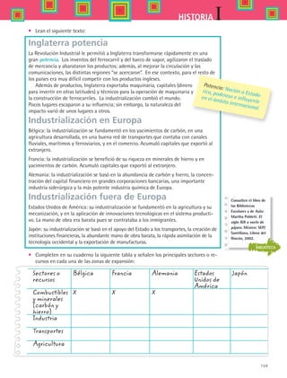 159
IHISTORIA
•	 Lean el siguiente texto:
Inglaterra potencia
La Revolución Industrial le permitió a Inglaterra transformarse rápidamente en una
gran potencia. Los inventos del ferrocarril y del barco de vapor, agilizaron el traslado
de mercancía y abarataron los productos; además, al mejorar la circulación y las
comunicaciones, las distintas regiones “se acercaron”. En ese contexto, para el resto de
los países era muy difícil competir con los productos ingleses.
Además de productos, Inglaterra exportaba maquinaria, capitales (dinero
para invertir en otras latitudes) y técnicos para la operación de maquinaria y
la construcción de ferrocarriles. La industrialización cambió el mundo.
Pocos lugares escaparon a su influencia; sin embargo, la naturaleza del
impacto varió de unos lugares a otros.
Industrialización en Europa
Bélgica: la industrialización se fundamentó en los yacimientos de carbón, en una
agricultura desarrollada, en una buena red de transportes que contaba con canales
fluviales, marítimos y ferroviarios, y en el comercio. Acumuló capitales que exportó al
extranjero.
Francia: la industrialización se benefició de su riqueza en minerales de hierro y en
yacimientos de carbón. Acumuló capitales que exportó al extranjero.
Alemania: la industrialización se basó en la abundancia de carbón y hierro, la concen-
tración del capital financiero en grandes corporaciones bancarias, una importante
industria siderúrgica y la más potente industria química de Europa.
Industrialización fuera de Europa
Estados Unidos de América: su industrialización se fundamentó en la agricultura y su
mecanización, y en la aplicación de innovaciones tecnológicas en el sistema producti-
vo. La mano de obra era barata pues se contrataba a los inmigrantes.
Japón: su industrialización se basó en el apoyo del Estado a los transportes, la creación de
instituciones financieras, la abundante mano de obra barata, la rápida asimilación de la
tecnología occidental y la exportación de manufacturas.
•	 Completen en su cuaderno la siguiente tabla y señalen los principales sectores o re-
cursos en cada una de las zonas de expansión:
Potencia: Nación o Estado
rico, poderoso e influyente
en el ámbito internacional.
Sectores o	 Bélgica	 Francia	 Alemania	 Estados	 Japón
recursos				 Unidos de
				 América
Combustibles	 X 	 X 	 X
y minerales
(carbón y
hierro)			
Industria
					
Transportes 	
				
Agricultura		
		
BIBLIOTECA
Consulten el libro de
las Bibliotecas
Escolares y de Aula:
Martha Poblett. El
siglo XIX a vuelo de
pájaro. México: SEP/
Santillana, Libros del
Rincón, 2002.
HIST1 B2 S6.indd 159 6/2/07 9:40:53 PM
 