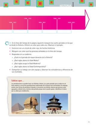 15
IHISTORIA
Sabías que…
Las periodizaciones se pueden hacer con distintos criterios. Los cuatro periodos que se indican en el
texto anterior, es una de las periodizaciones tradicionales de la Historia de la humanidad. Sin embargo,
existen otras formas de periodizar el pasado, si encuentras una distinta, observa qué procesos están
agrupados y dónde inicia y termina cada periodo porque esto te puede ayudar a identificar el criterio
que se utilizó para establecerlos.
7. En la línea del tiempo de la página siguiente marquen los cuatro periodos en los que
se divide la Historia. Utilicen un color para cada uno. Observen el ejemplo:
•	 Encierren con un círculo de color rojo, los hechos históricos.
•	 Marquen con color azul los procesos señalados en la línea del tiempo.
•	 Respondan en su cuaderno:
	 ¿Cuál es el periodo de mayor duración de la Historia?
	 ¿Qué siglos abarca la Edad Media?
	 ¿Qué siglos ocupa la Edad Moderna?
	 ¿Qué siglos abarca la Edad Contemporánea?
•	 Compartan su trabajo con otro equipo y observen las coincidencias y diferencias de
sus resultados.
1501
1600
1700 1701
1800 1801
1900 1901
2000 20011601
HIST1 B1 S0.indd 15 6/2/07 9:26:32 PM
 