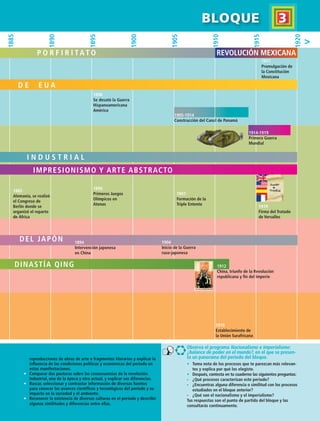 173
BLOQUE   3
•	 Toma nota de los procesos que te parezcan más relevan-
tes y explica por qué los elegiste.
•	 Después, contesta en tu cuaderno las siguientes preguntas:
-	 ¿Qué procesos caracterizan este periodo?
-	 ¿Encuentras alguna diferencia o similitud con los procesos
estudiados en el bloque anterior?
-	 ¿Qué son el nacionalismo y el imperialismo?
Tus respuestas son el punto de partida del bloque y las
consultarás continuamente.
reproducciones de obras de arte o fragmentos literarios y explicar la
influencia de las condiciones políticas y económicas del periodo en
estas manifestaciones.
•	 Comparar dos posturas sobre las consecuencias de la revolución
industrial, una de la época y otra actual, y explicar sus diferencias.
•	 Buscar, seleccionar y contrastar información de diversas fuentes
para conocer los avances científicos y tecnológicos del periodo y su
impacto en la sociedad y el ambiente.
•	Reconocer la existencia de diversas culturas en el periodo y describir
algunas similitudes y diferencias entre ellas.
1885
1885
1890
1895
1900
1905
1910
1915
1920
1910
Establecimiento de
la Unión Surafricana
1885
Alemania, se realizó
el Congreso de
Berlín donde se
organizó el reparto
de África
1919
Firma del Tratado
de Versalles
1905-1914
Construcción del Canal de Panamá

1898
Se desató la Guerra
Hispanoamericana
América
1914-1919
Primera Guerra
Mundial
de E U A
I n dust r ia l
Impresionismo y arte abstracto
DINASTÍA QING 1912
China, triunfo de la Revolución
republicana y fin del imperio
1894
Intervención japonesa
en China
1904
Inicio de la Guerra
ruso-japonesa
P O R F I R I T A T O
1896
Primeros Juegos
Olímpicos en
Atenas
1907
Formacíón de la
Triple Entente
n del Japón
1917
Promulgación de
la Constitución
Mexicana
Observa el programa Nacionalismo e imperialismo:
¿balance de poder en el mundo?, en el que se presen-
ta un panorama del periodo del bloque.
Revolución Mexicana
HIST1 B3 S7.indd 173 6/2/07 9:43:52 PM
 