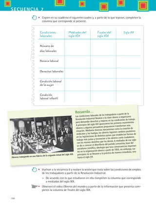 188
secuencia 7
Recuerda…
Las condiciones laborales de los trabajadores a partir de la
Revolución Industrial llevaron a la clase obrera a organizarse
para demandar derechos y mejoras en las condiciones de trabajo.
A principios del siglo XIX aparecieron los primeros movimientos
obreros y algunos pensadores propusieron transformar esta
situación. Mediante diversos mecanismos como la creación de
sindicatos y las huelgas, los obreros lograron cambios paulatinos
en las legislaciones de distintos países que establecían formas de
trabajo más justas y reconocían a los obreros como ciudadanos
con los mismos derechos que los demás.A mediados de ese siglo
se dio a conocer el Manifiesto del partido comunista, base del
socialismo científico, ideología que tuvo consecuencias importan-
tes en la organización obrera a partir de 1850, sin embargo, sus
principios no se llevaron a la práctica de manera inmediata, sino
hasta el siglo XX.
•	 Vuelvan a la secuencia 6 y revisen la sesión que trata sobre las condiciones de empleo
de los trabajadores a partir de la Revolución Industrial.
	 De acuerdo con lo que estudiaron en ella completen la columna que corresponde
a mediados del siglo XIX.
•	 Observen el video Obreros del mundo y a partir de la información que presenta com-
pleten la columna de finales del siglo XIX.
•	 Copien en su cuaderno el siguiente cuadro y, a partir de lo que leyeron, completen la
columna que corresponde al presente.
Condiciones	 Mediados del	 Finales del 	 Siglo xx
laborales	 siglo xix	 	 siglo xix
Número de
días laborales
Horario laboral
Derechos laborales
Condición laboral
de la mujer
Condición
laboral infantil
Obreros trabajando en una fábrica de la segunda mitad del siglo XIX.
HIST1 B3 S7.indd 188 6/2/07 9:44:31 PM
 