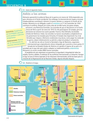 228
secuencia 9
Consecuencias de la guerra.
3,800,000
240,002
115,000
Estados
Unidos
Aliados
Potencias Centrales
Países neutrales
Número total de
movilización de tropas
Heridos
Muertos
9,500,000
2,110,933
1,000,000
Imperio
Británico
Bélgica
Francia
Austria-
Hungría
Serbia
Alemania
13,255,000
4,216,000
380,000
78,624
45,550
1,950,000
5,000,000
947,000
533,000
8,200,000
3,600,000
1,500,000
Italia
533,000
1,000,000
133,148
445,000
1,050,000
3,620,000
9,000,000
Rusia
4,950,000
1,700,000
Rumania
Bulgaria
Imperio
Otomao
2,840,000
1,565,000
325,000
950,000
155,000
87,495
1,000,000
150,000
300,000
13,000,000
21.	 Lean el siguiente texto:
Adiós a las armas
Alemania aprovechó la salida de Rusia de la guerra y en marzo de 1918 emprendió una
gran ofensiva en el frente occidental. Sin embargo, la intervención de tropas y recursos
estadounidenses contribuyó a detener el avance alemán y a asegurar el triunfo de los
aliados. Alemania se vio obligada a pedir el armisticio y el 11 de noviembre de 1918
concluyó el conflicto. Después de cuatro años de terrible lucha, los países aliados
vencieron a las Potencias Centrales. Los acuerdos de paz se discutieron en la Confe-
rencia de París a partir de enero de 1919. En ella participaron 32 estados, pero las
decisiones las tomaron los cuatro grandes: Francia, Gran Bretaña, los Estados
Unidos de América e Italia. Los vencidos no fueron escuchados y simplemente se
les presentaron los tratados para firmarlos. El tratado más importante fue el de
Versalles que impuso a Alemania condiciones muy duras, como pagar los costos de
la guerra, reducir drásticamente su ejército y dejar de producir armamento.
En abril de ese año se formó la Sociedad o Liga de Naciones, organismo
internacional que originalmente estuvo integrado por cuarenta y cinco países. El
Senado de los Estados Unidos de América no aprobó el ingreso de su país a la
sociedad, por lo que este país volvió a adoptar su tradicional política aislacionista.
Alemania y la recién creada URSS fueron excluidas.
El propósito de este organismo era garantizar la seguridad e integridad de todos los
estados, fuertes y débiles, el arbitraje de los conflictos internacionales y el desarme. Aunque
la Liga no tuvo el efecto esperado en las relaciones internacionales, sentó las bases para la
creación de la Organización de las Naciones Unidas, algunas décadas después.
22.	 Analicen el mapa.
Armisticio: Suspensión
de hostilidades pactada
entre pueblos o ejércitos
beligerantes.
Aislacionismo: Política
de no intervención en
asuntos internacionales.
HIST1 B3 S9.indd 228 6/6/07 6:29:24 PM
 