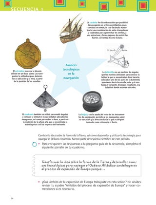34
secuencia 1
Cambiar la idea sobre la forma de la Tierra, así como desarrollar y utilizar la tecnología para
navegar el Océano Atlántico, fueron parte del espíritu científico de este periodo.
•	 Para enriquecer las respuestas a la pregunta guía de la secuencia, completa el
siguiente párrafo en tu cuaderno.
El astrolabio muestra la bóveda
celeste en un disco plano. Los nave-
gantes lo utilizaban para determi-
nar su ubicación y la hora, a partir
de la posición de las estrellas.
La ballestilla era un medidor de ángulos
que los marinos utilizaban para conocer la
latitud a que se encontraban. Para hacerlo,
colocaban uno de los palos de la ballestilla
apuntando hacia la estrella polar y el otro
hacia el horizonte. El ángulo resultante, era
la latitud donde estaban ubicados.
El cuadrante también se utilizó para medir ángulos
y conocer la latitud en la que estaban ubicados los
navegantes, así como para saber la hora, a partir de
la medición de la altura a la que se encontraba la
estrella polar o el Sol respecto del horizonte.
La brújula, con la ayuda del resto de los instrumen-
tos de navegación, permitía a los navegantes saber
su ubicación y la dirección hacia la que se dirigían
teniendo como referencia el Norte.
La carabela fue la embarcación que posibilitó
la navegación en el Océano Atlántico, pues
contaba con timón, lo cual facilitaba manio-
brarla; una combinación de velas triangulares
y cuadradas para aprovechar los vientos, y
una estructura y forma capaces de resistir las
fuertes corrientes de este Océano.
Transformar la idea sobre la forma de la Tierra y desarrollar avan-
ces tecnológicos para navegar el Océano Atlántico contribuyeron
al proceso de expansión de Europa porque…
•	 ¿Qué ámbito de la expansión de Europa trabajaste en esta sesión? No olvides
revisar tu cuadro “Ámbitos del proceso de expansión de Europa” y hacer co-
rrecciones si es necesario.
Avances
tecnológicos
en la
navegación
HIST1 B1 S1.indd 34 6/2/07 9:29:09 PM
 