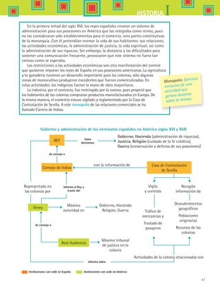 61
IHISTORIA
En la primera mitad del siglo XVI, los reyes españoles crearon un sistema de
administración para sus posesiones en América que las integraba como reinos, pues
no las consideraron sólo establecimientos para el comercio, sino partes constitutivas
de la monarquía. Con él pretendían normar la vida de sus habitantes: sus relaciones,
las actividades económicas, la administración de justicia, la vida espiritual; así como
la administración de sus riquezas. Sin embargo, la distancia y las dificultades para
sostener una comunicación frecuente, provocaron que este sistema no fuera tan
exitoso como se esperaba.
Las restricciones a las actividades económicas son otra manifestación del control
que quisieron imponer los reyes de España en sus posesiones americanas. La agricultura
y la ganadería tuvieron un desarrollo importante para las colonias, sólo algunas
zonas de monocultivo produjeron excedentes que fueron comercializados. En
estas actividades, los indígenas fueron la mano de obra mayoritaria.
La industria, por el contrario, fue restringida por la corona, pues propició que
los habitantes de las colonias compraran productos manufacturados en Europa. De
la misma manera, el comercio estuvo vigilado y reglamentado por la Casa de
Contratación de Sevilla. A este monopolio de las relaciones comerciales se ha
llamado Carrera de Indias.
Monopolio: Ejercicio
exclusivo de una
actividad que
genera dominio
sobre la misma.
Gobierno y administración de los virreinatos españoles en América siglos XVI y XVII
REY
Consejo de Indias
Casa de Contratación
de Sevilla
con la información de
toma
decisiones
Gobierno, Hacienda (administración de riquezas),
Justicia, Religión (cuidado de la fe católica),
Guerra (conservación y defensa de sus posesiones)
da consejo a
Representado en
las colonias por
informa al Rey a
través del
Virrey
Vigila
y controla
Tráfico de
mercancías y
Traslado de
pasajeros
Recopila
información de
Descubrimientos
geográficos
Poblaciones
originarias
Recursos de las
colonias
Máxima
autoridad en
Gobierno, Hacienda
Religión, Guerra
da consejo a
Real Audiencia
Máximo tribunal
de justicia en la
colonia
informa sobre
Actividades de la colonia relacionadas con
Instituciones con sede en España Instituciones con sede en América
HIST1 B1 S2.indd 61 6/6/07 6:39:47 PM
 