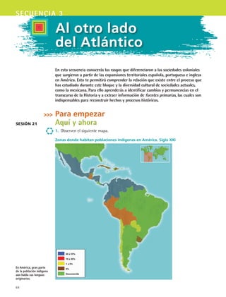 68
secuencia 3
En esta secuencia conocerás los rasgos que diferenciaron a las sociedades coloniales
que surgieron a partir de las expansiones territoriales española, portuguesa e inglesa
en América. Esto te permitirá comprender la relación que existe entre el proceso que
has estudiado durante este bloque y la diversidad cultural de sociedades actuales,
como la mexicana. Para ello aprenderás a identificar cambios y permanencias en el
transcurso de la Historia y a extraer información de fuentes primarias, las cuales son
indispensables para reconstruir hechos y procesos históricos.
Para empezar
Aquí y ahora
1.	 Observen el siguiente mapa.
Sesión 1
sesión 21
Al otro lado
del Atlántico
En América, gran parte
de la población indígena
aún habla sus lenguas
originarias.
Zonas donde habitan poblaciones indígenas en América. Siglo XXI
40 a 55%
10 a 30%
1 a 5%
0%
Desconocido
HIST1 B1 S3.indd 68 6/2/07 9:32:43 PM
 