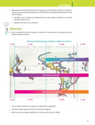 69
IHISTORIA
•	 Además de los idiomas oficiales y las lenguas que actualmente se hablan en América,
¿saben qué otros elementos sociales y culturales de estos pueblos permanecen hasta
nuestros días?
	 Consideren, por ejemplo, las tradiciones de su comunidad, la comida o el nombre
del lugar donde viven.
	 Elaboren una lista en el cuaderno.
¡Ubícate!
2.	 Lean la siguiente línea del tiempo y contesten en su cuaderno las preguntas que se
plantean posteriormente.
	 ¿En qué siglo iniciaron la conquista y colonización españolas?
	 ¿Cuánto tiempo después inició la colonización inglesa?
	 ¿Qué naciones europeas establecieron colonias antes del año 1600?
Colonizaciones portuguesa, española e inglesa en América
s. xvis. xv s. xvii s. xviii
Colonización inglesa
Colonización española
Colonización portuguesa
s. xvis. xv s. xvii s. xviii
HIST1 B1 S3.indd 69 6/2/07 9:32:45 PM
 